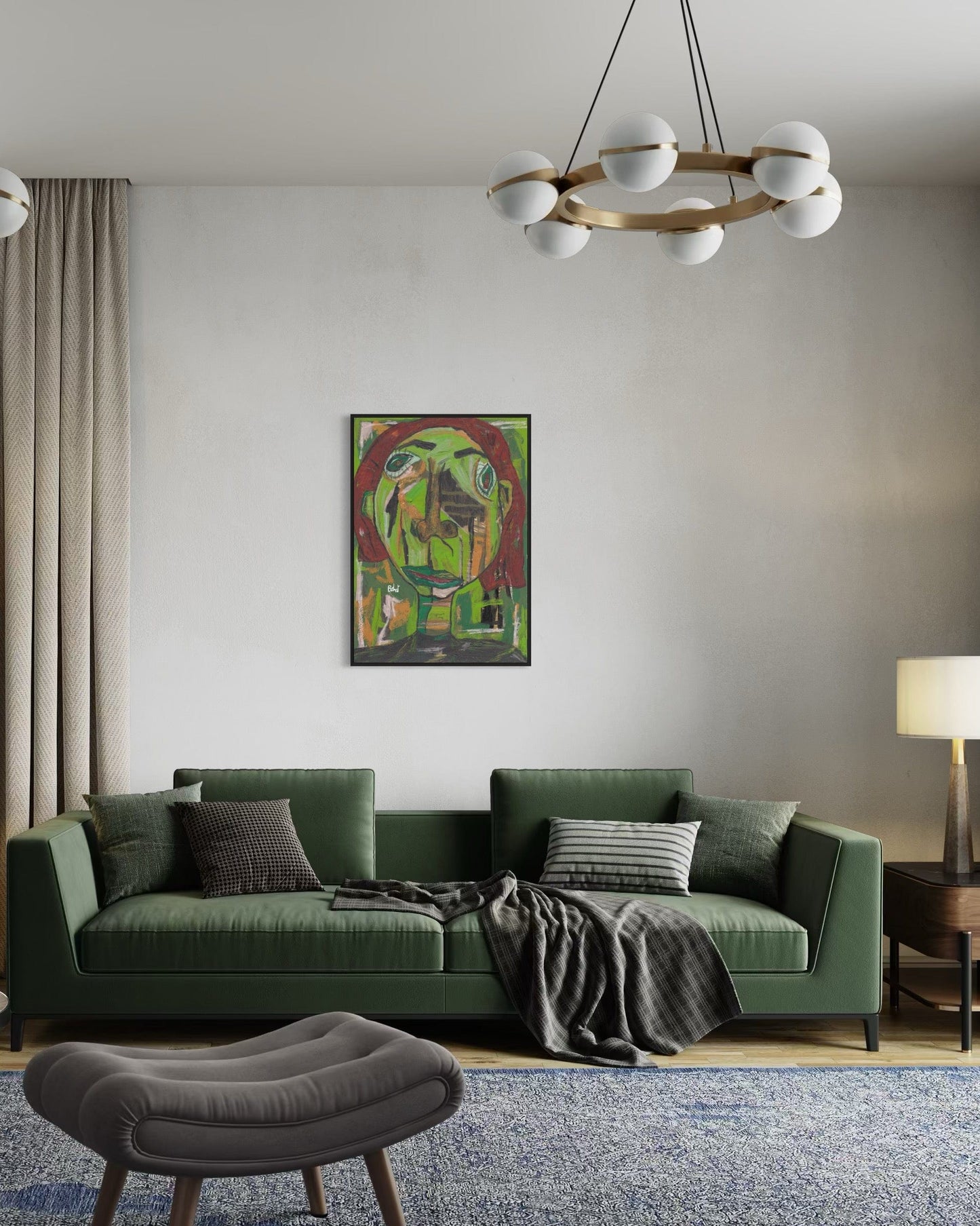 Modern living room with a green sofa, abstract painting, and stylish chandelier.