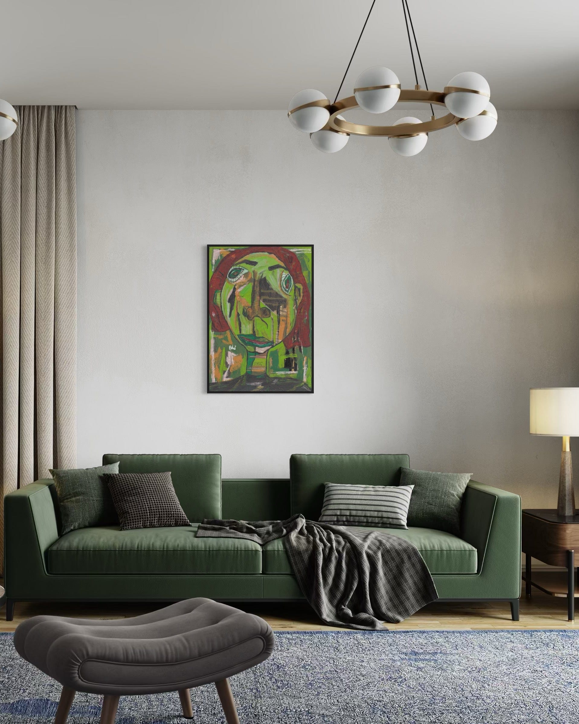 Modern living room with a green sofa, abstract painting, and stylish chandelier.