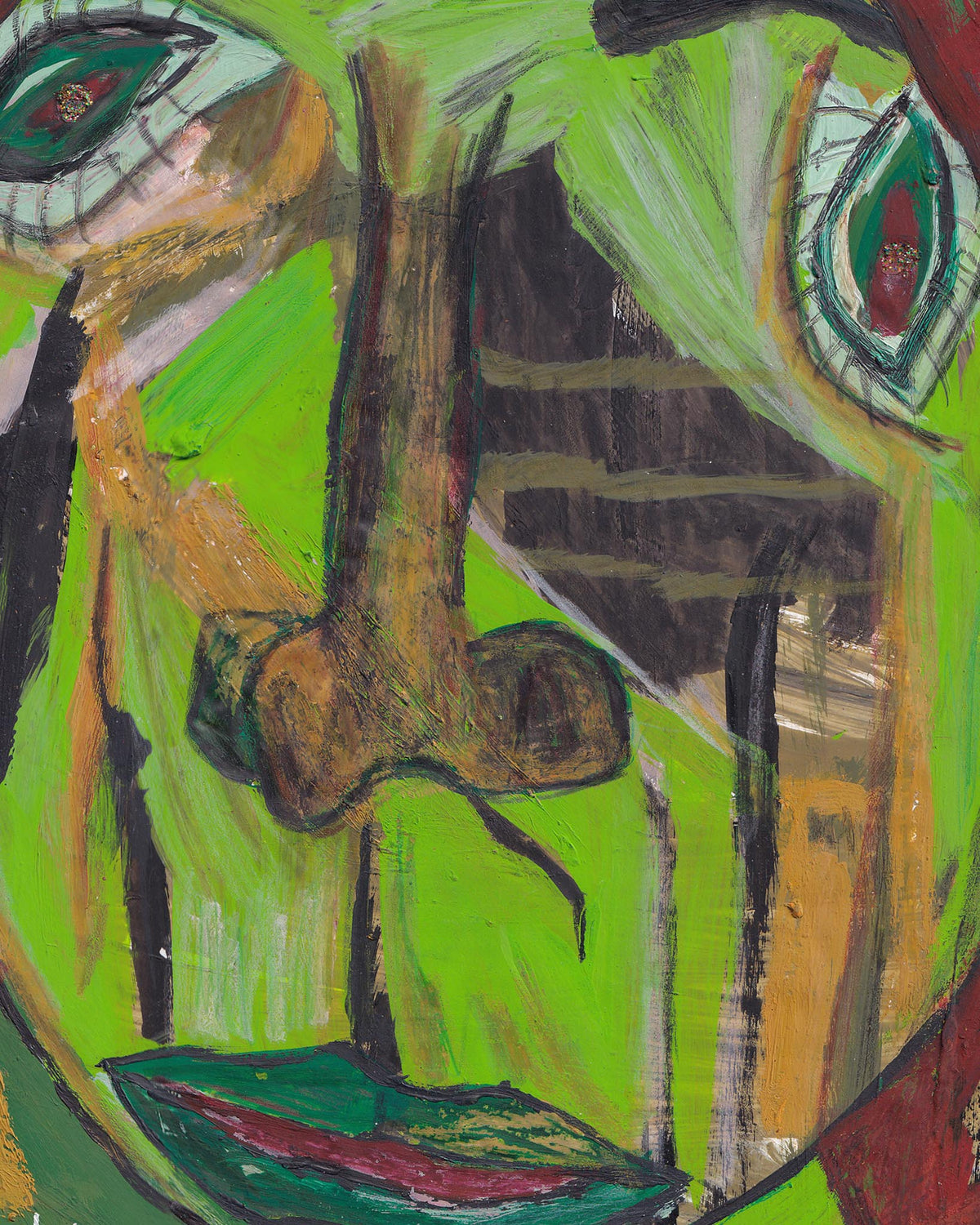 Abstract artwork with green background and various shapes and colors