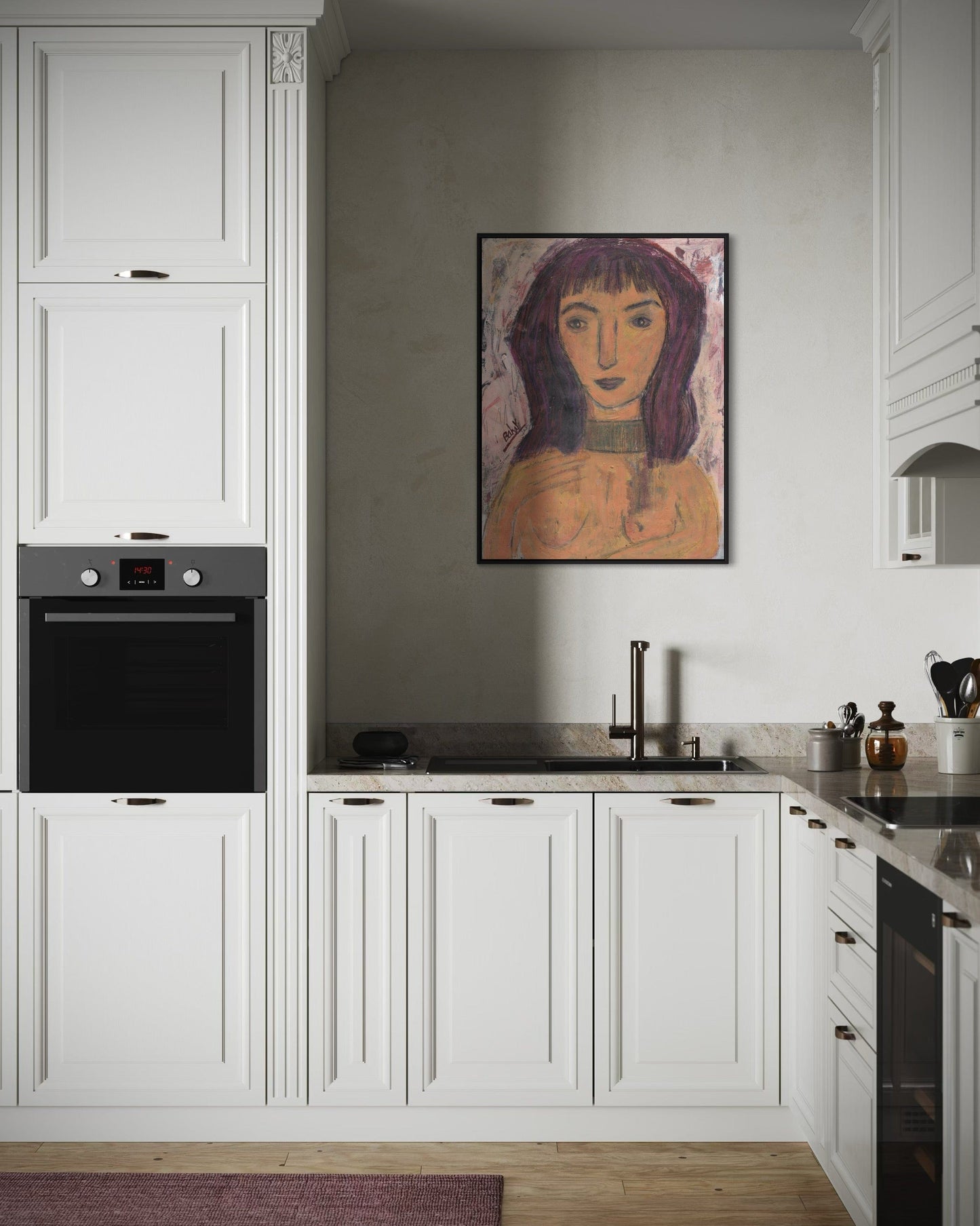 Modern kitchen with white cabinets, black appliances, and a painting on the wall.
