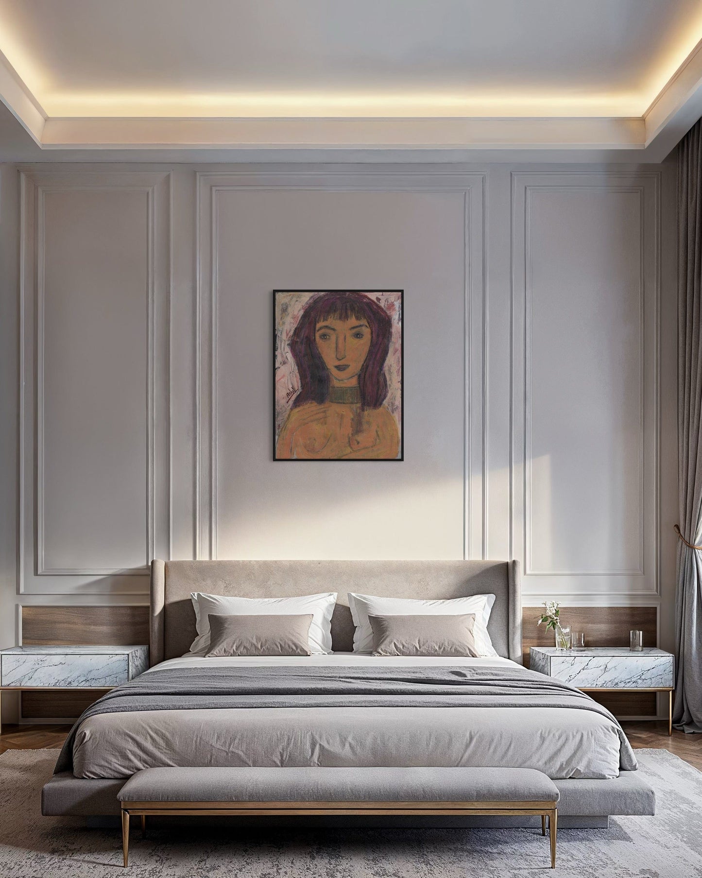 Modern bedroom with a bed, nightstands, and wall art.