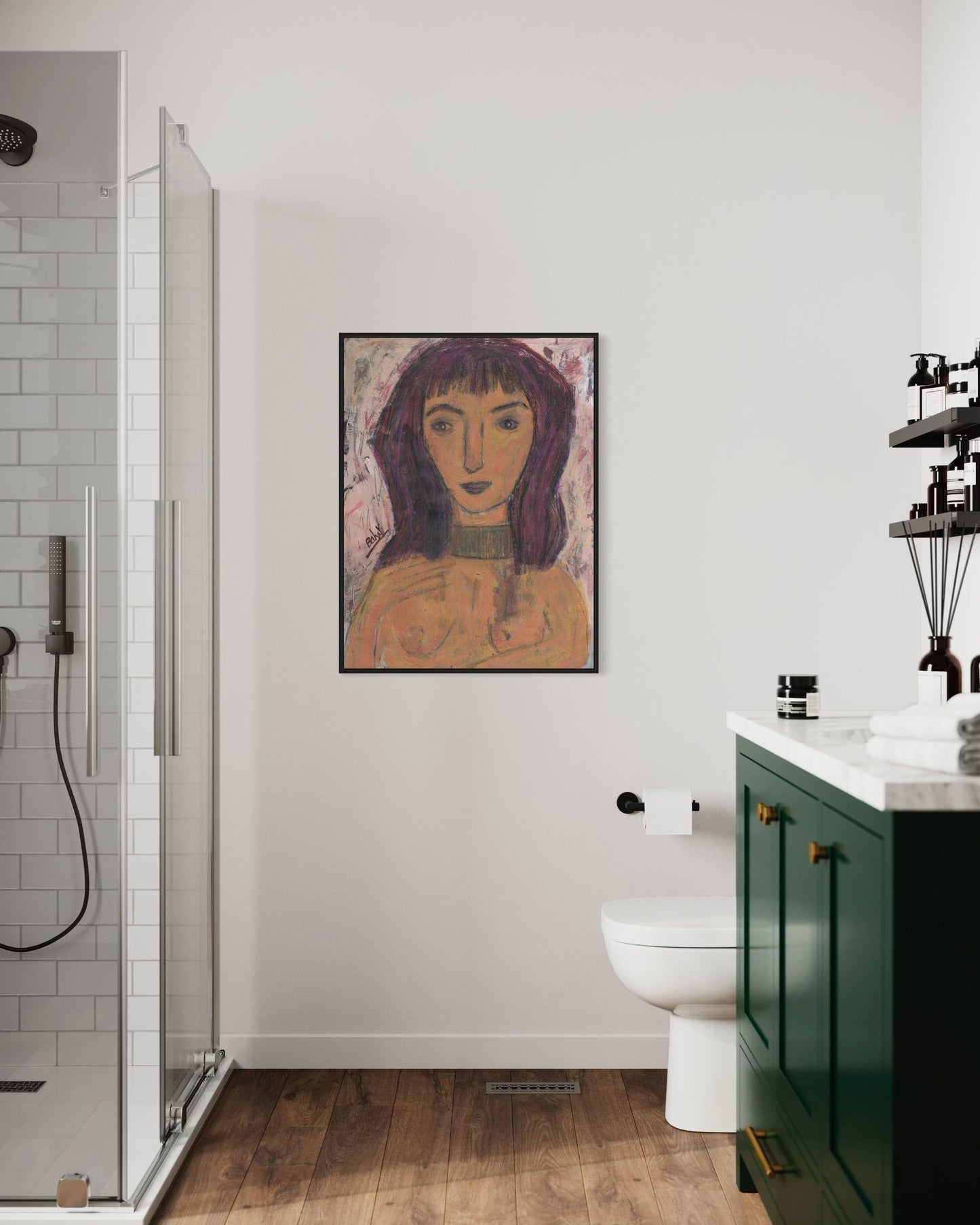 Bathroom interior with a framed artwork on the wall