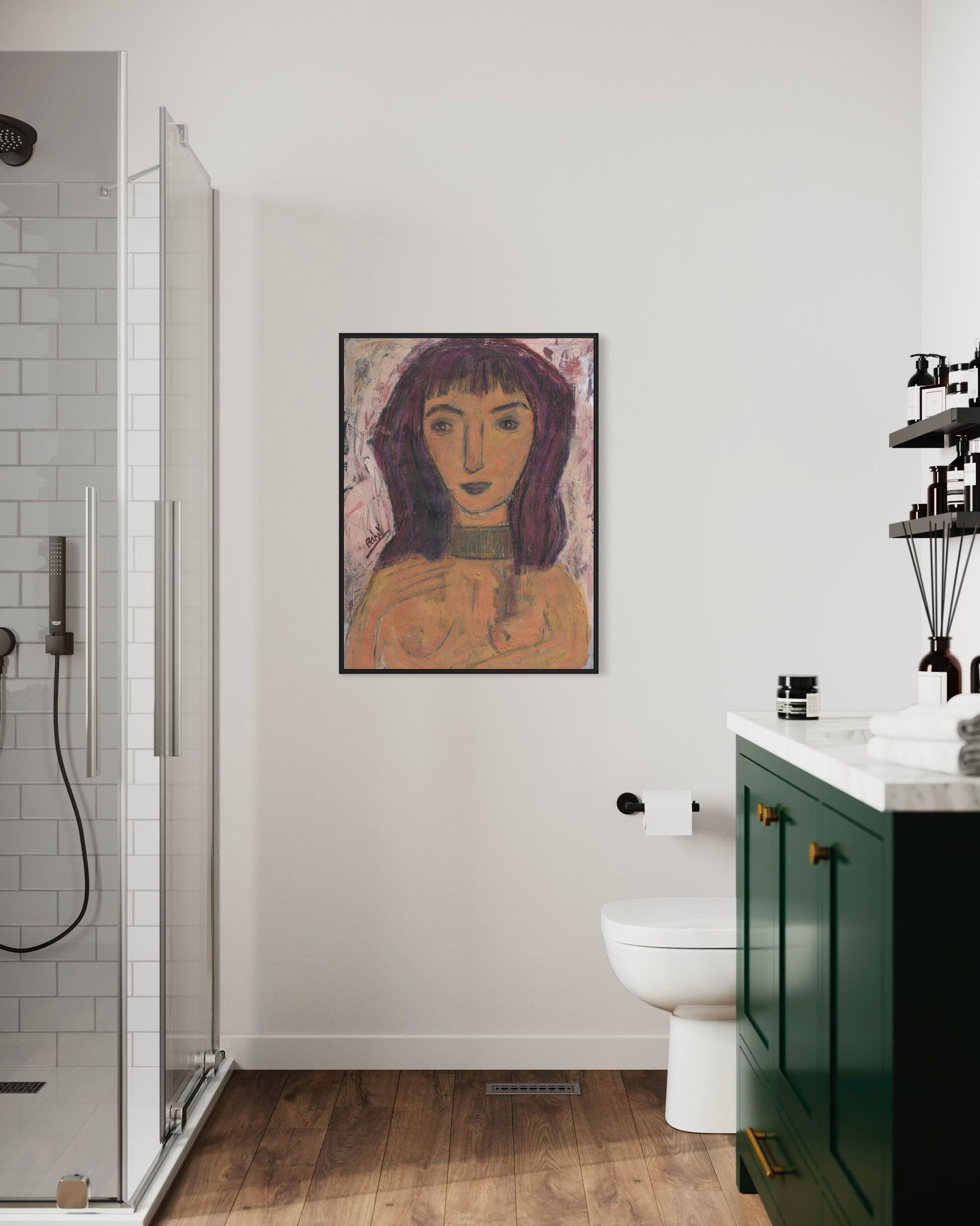 Bathroom interior with a framed artwork on the wall