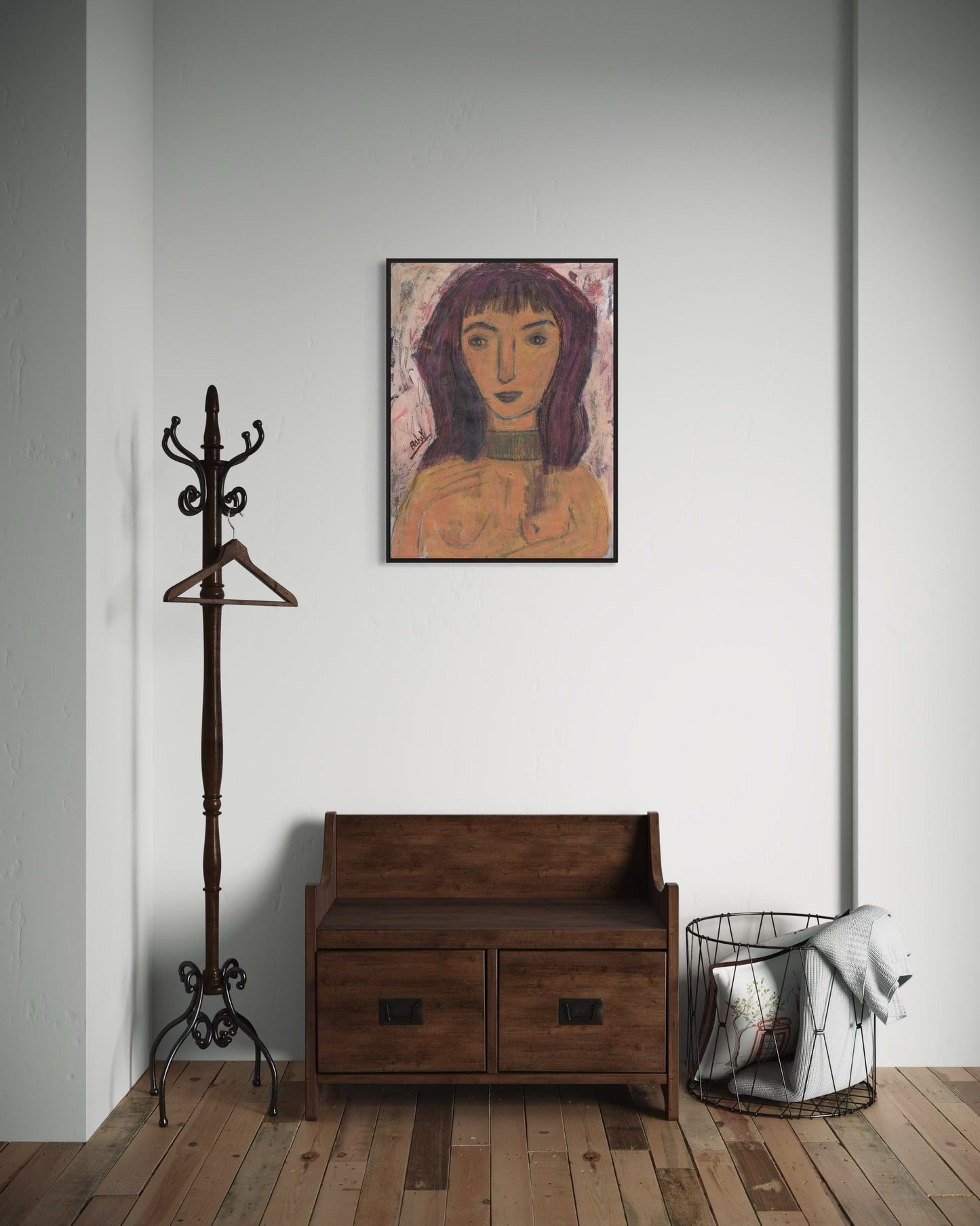 Wooden bench, coat rack, and artwork on a wall in a room with wooden flooring.