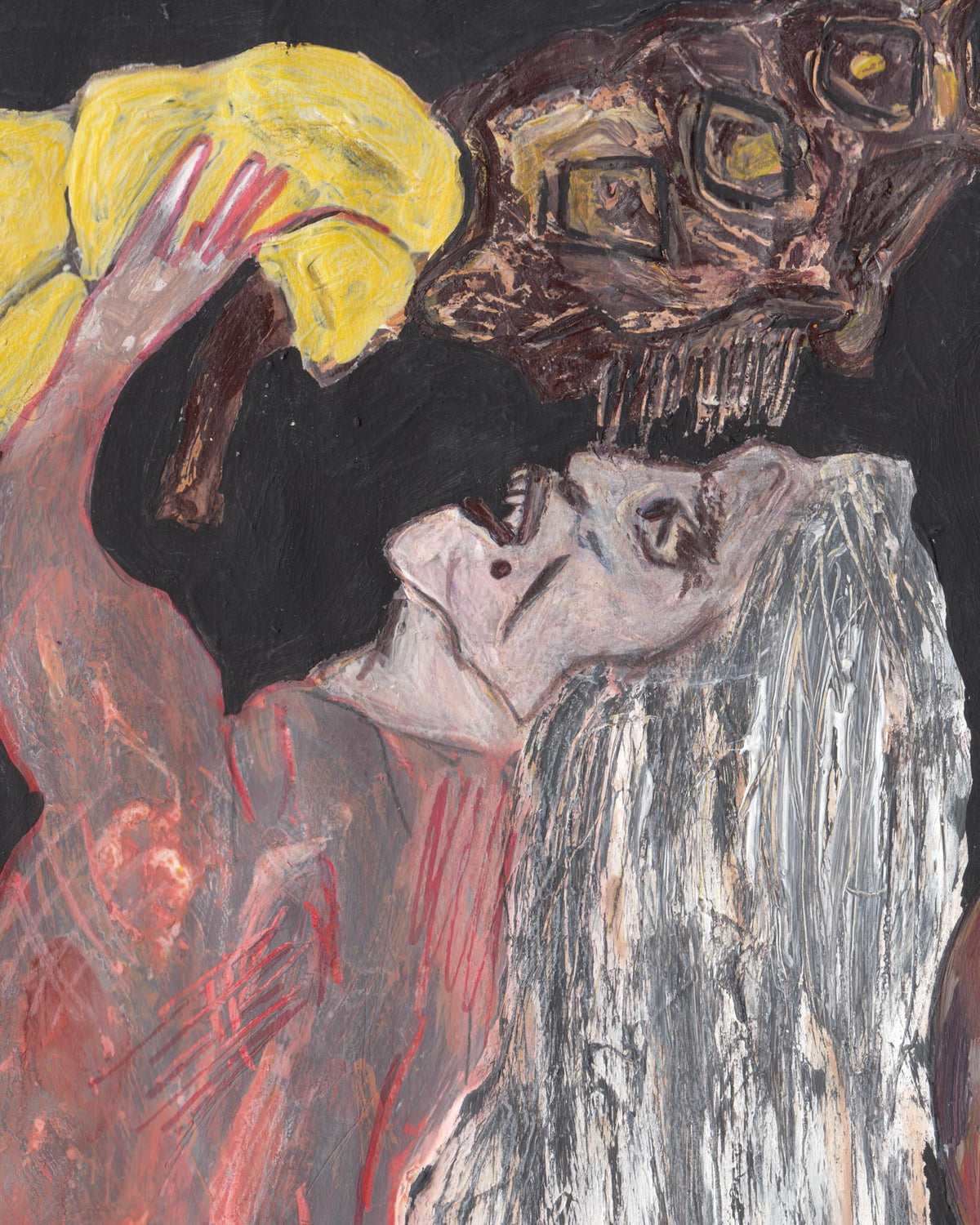 Artistic depiction of a person with a yellow object on their head against a dark background