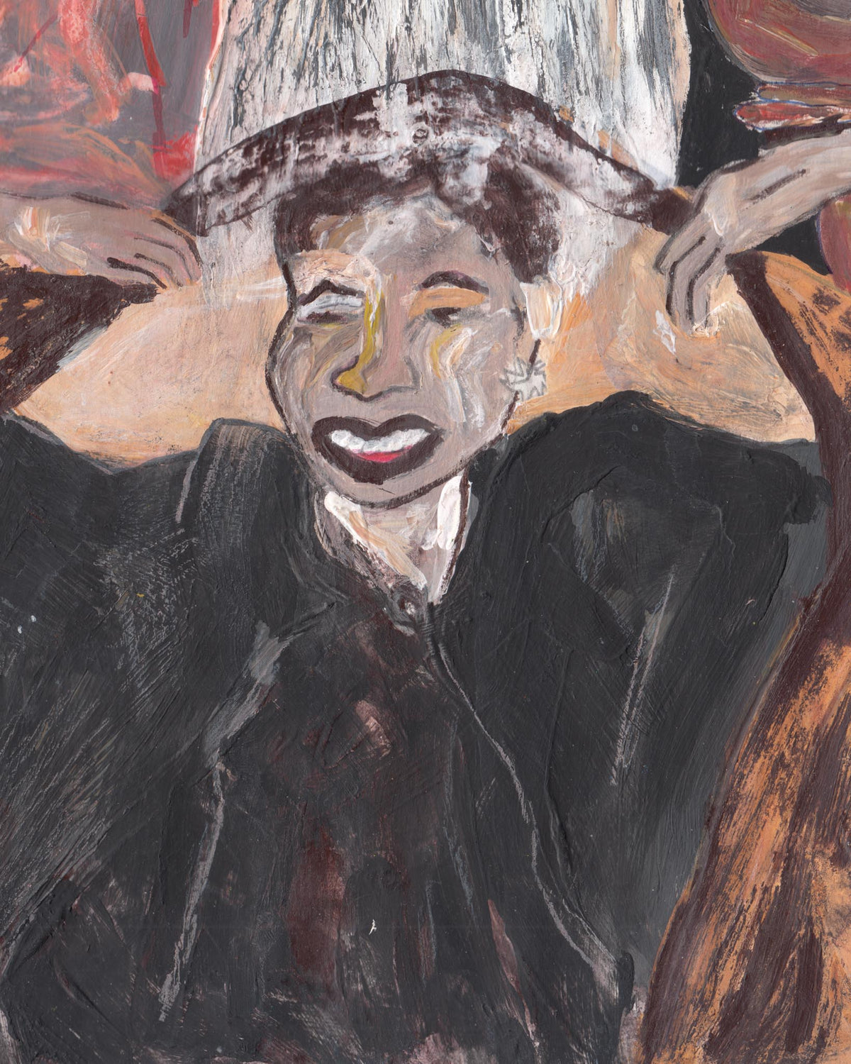 Abstract artwork of a person with a hat and dark clothing