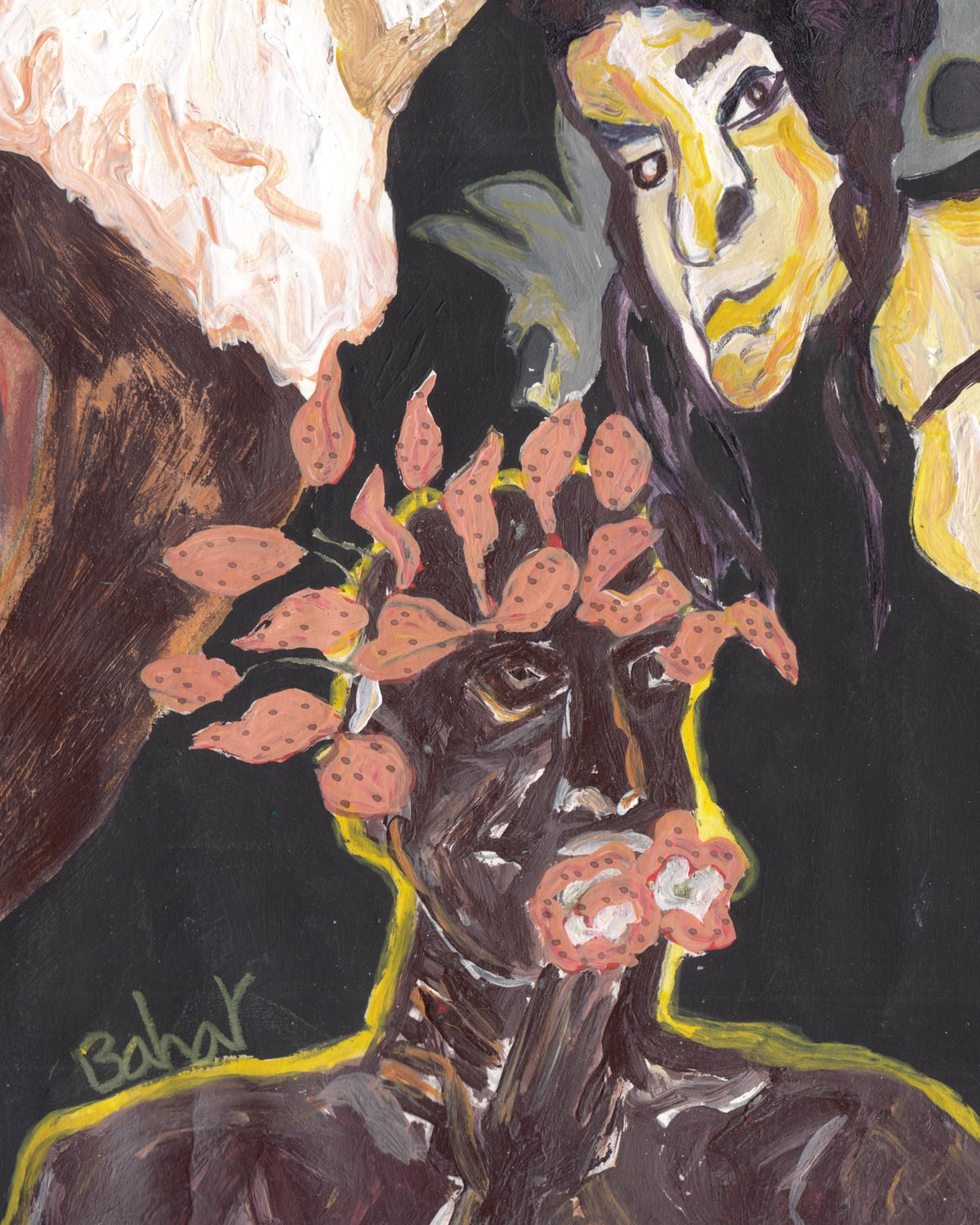 Artistic depiction of a figure with floral headpiece and abstract background