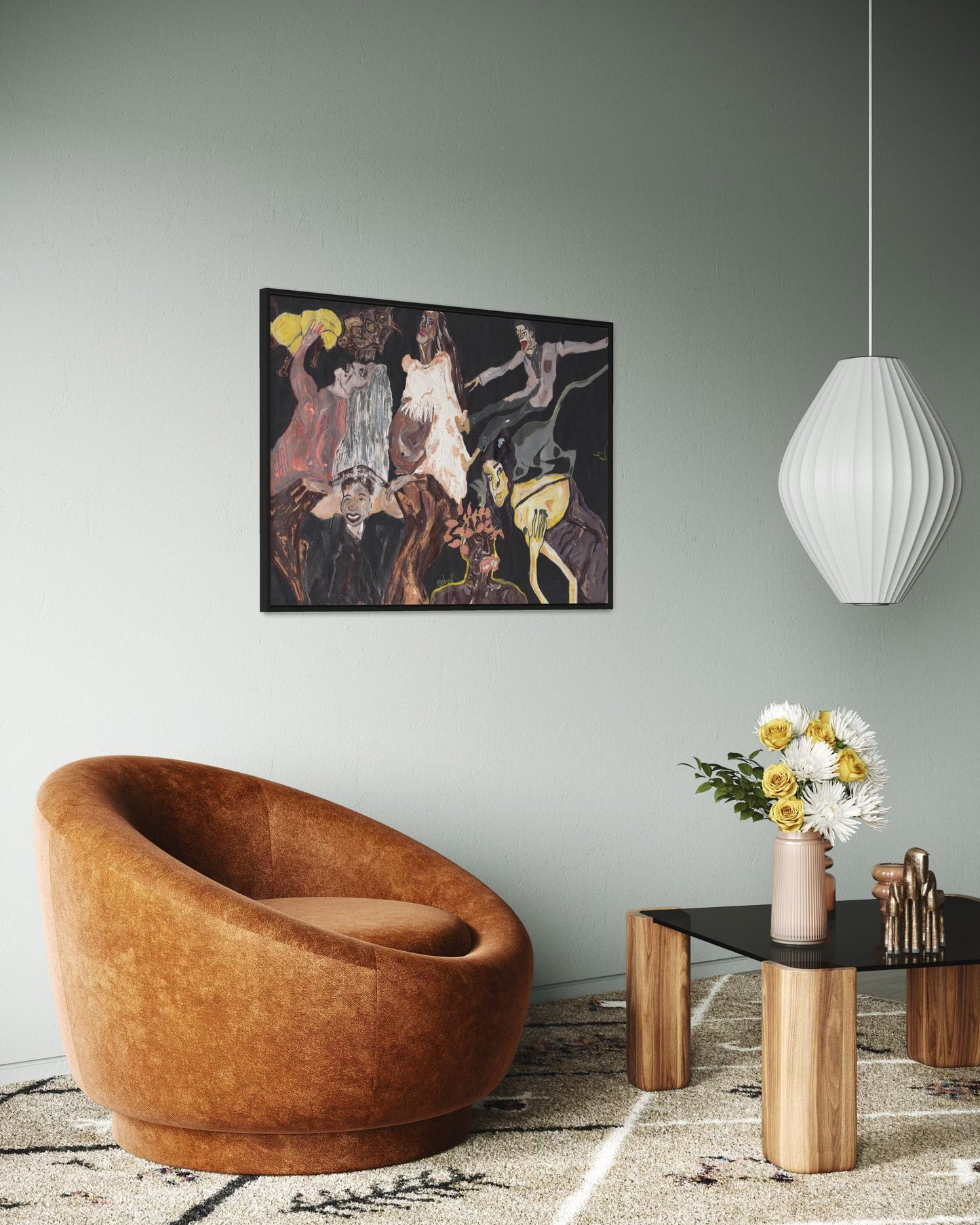 Modern living room with brown leather chair, abstract painting, and decorative items.