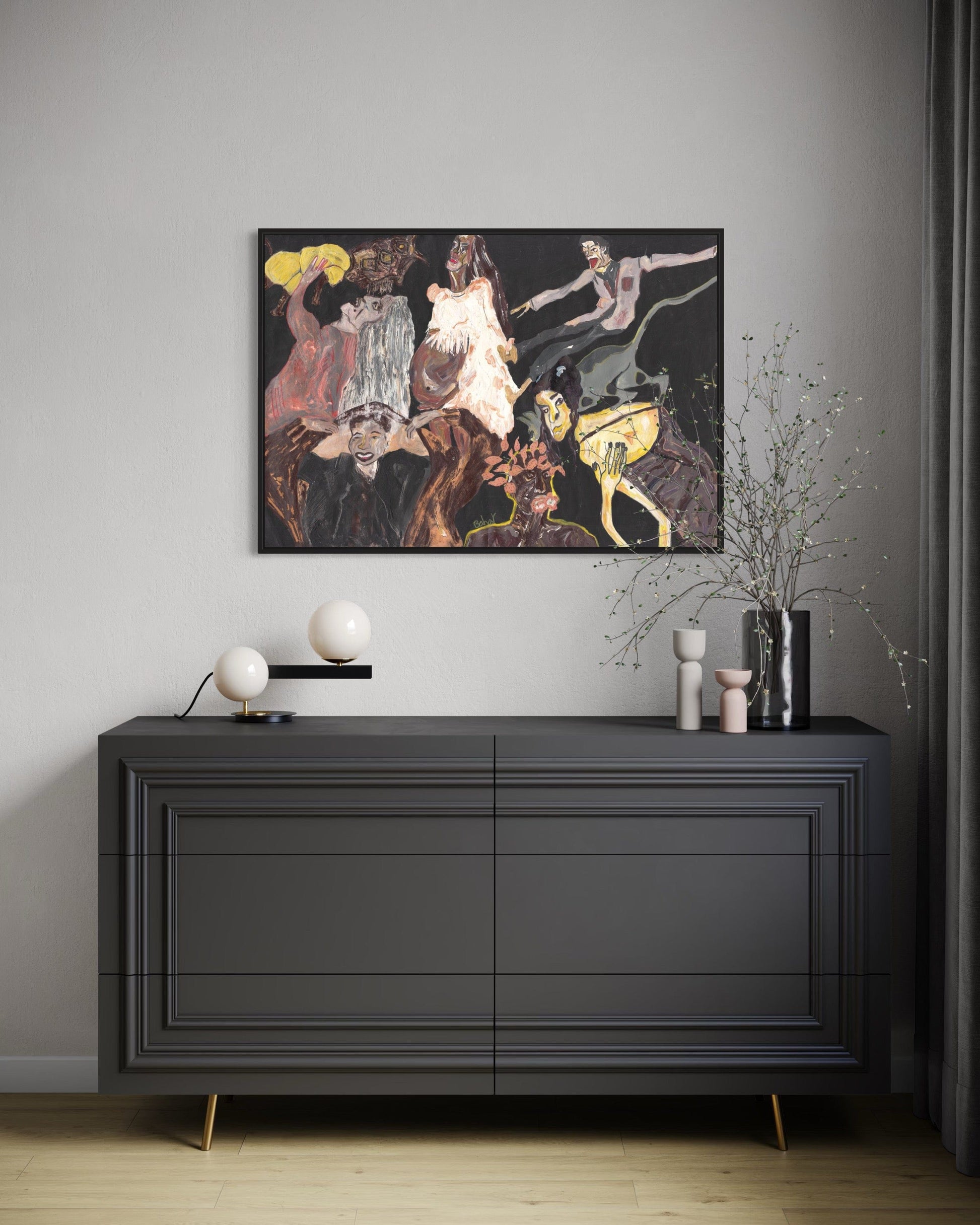 Modern interior with a black dresser and abstract painting on the wall.