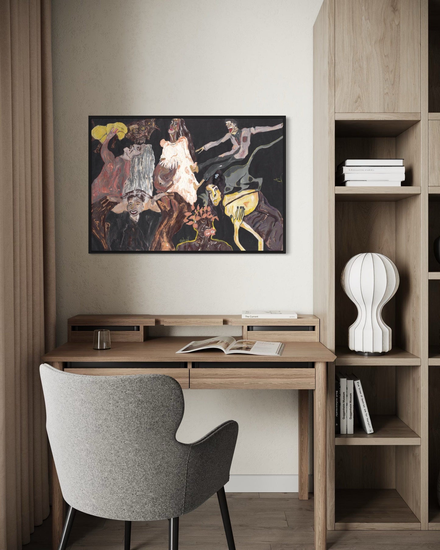 Modern home office with wooden desk, chair, and bookshelf.