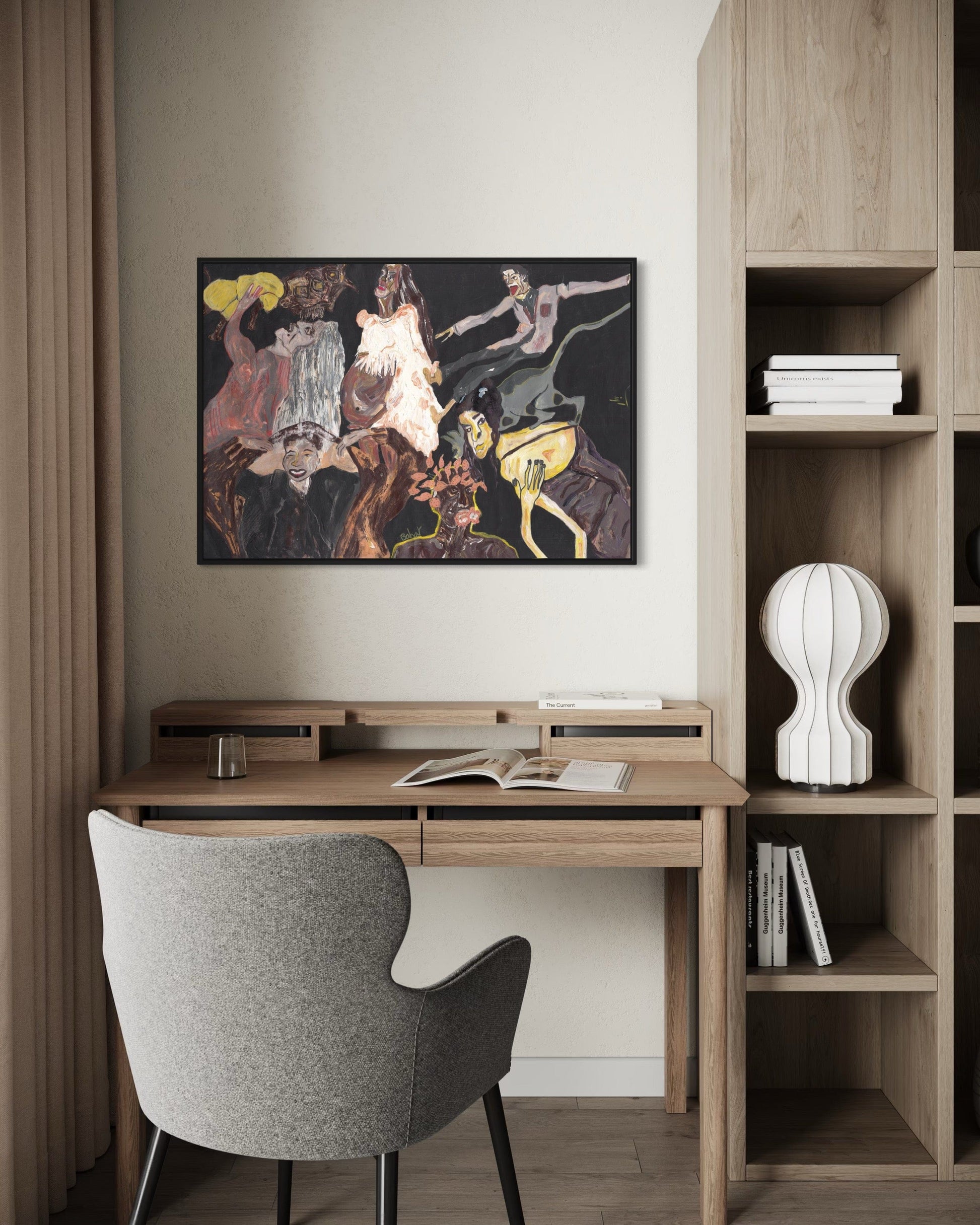 Modern home office with wooden desk, chair, and bookshelf.