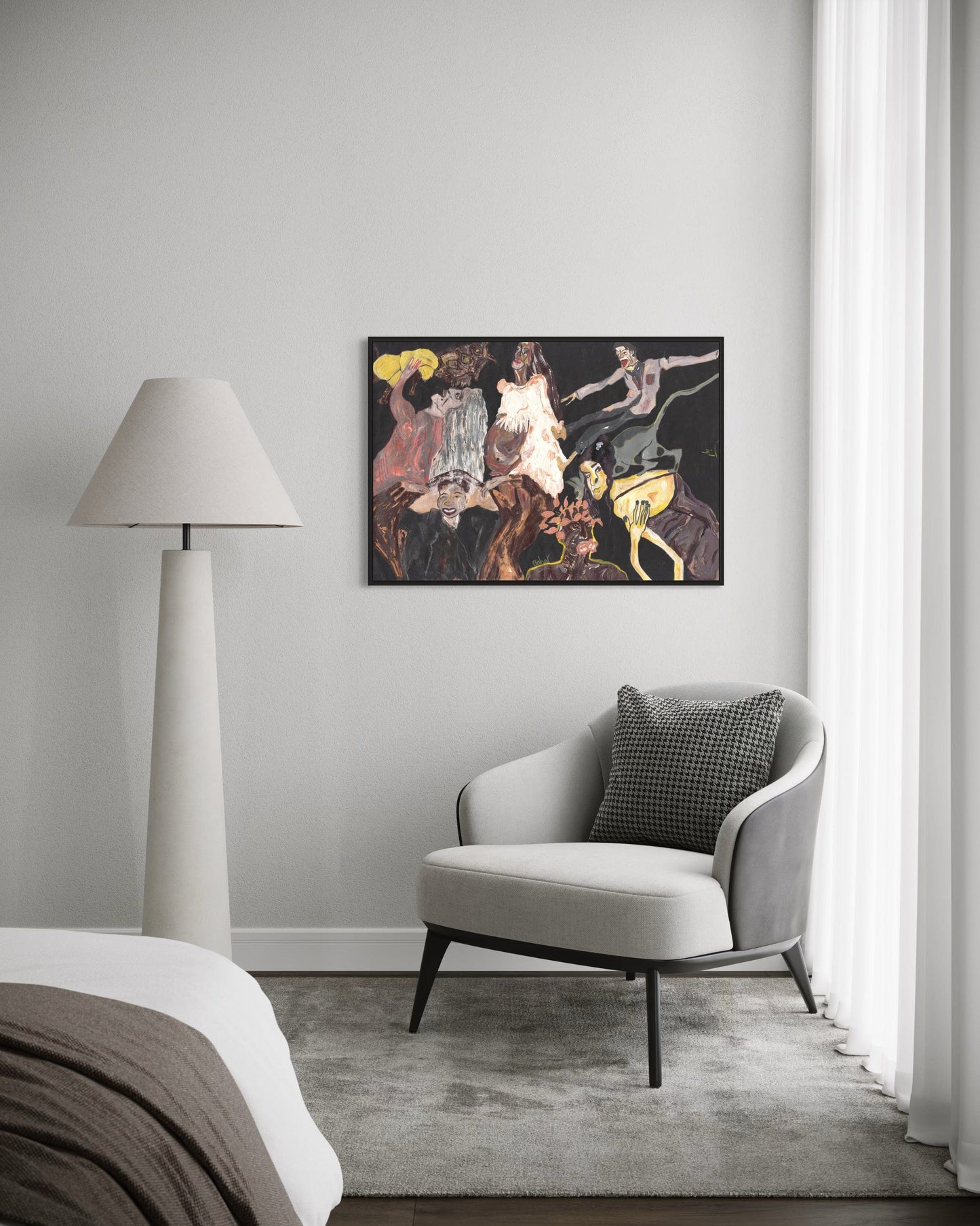 Modern interior with a gray armchair, lamp, and abstract painting on a gray wall.
