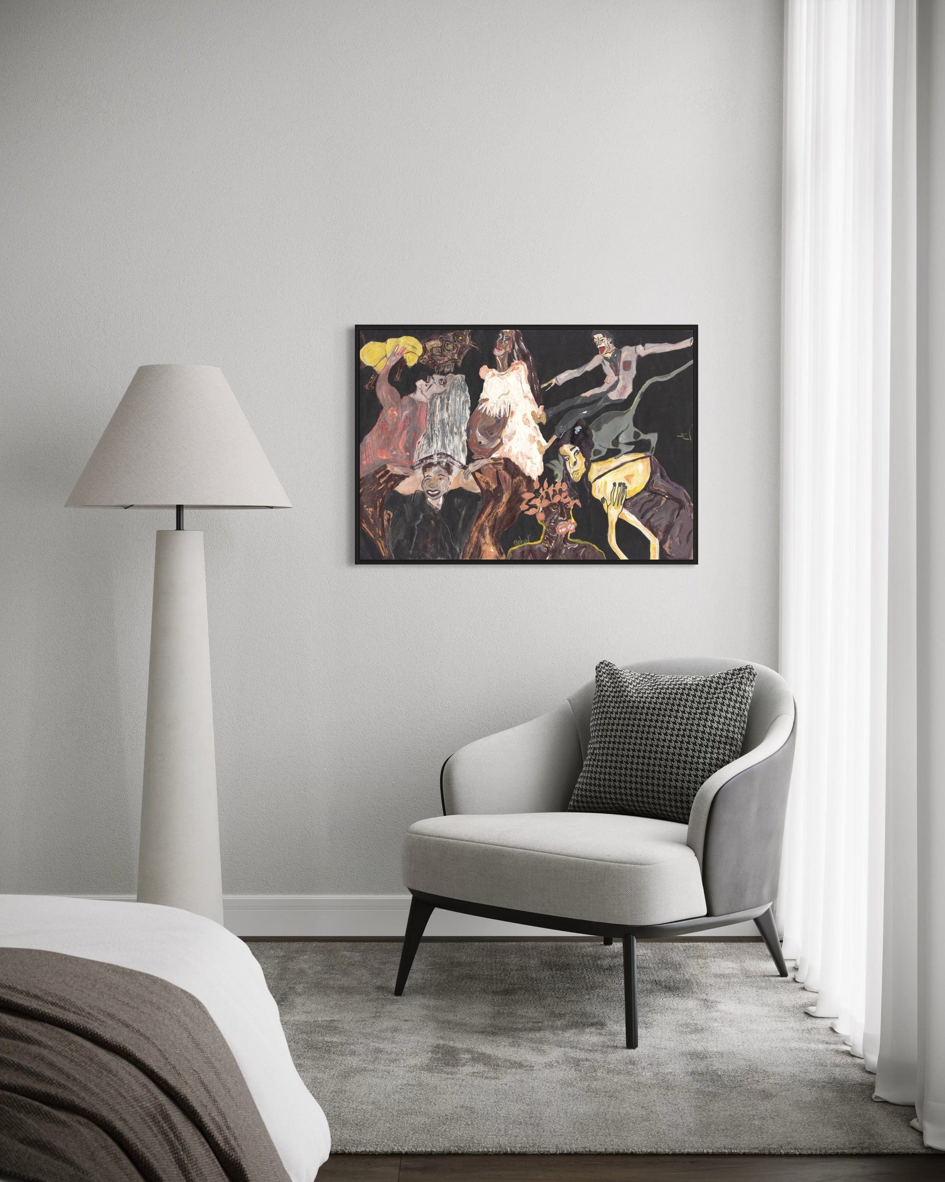 Modern interior with a gray armchair, lamp, and abstract painting on a gray wall.