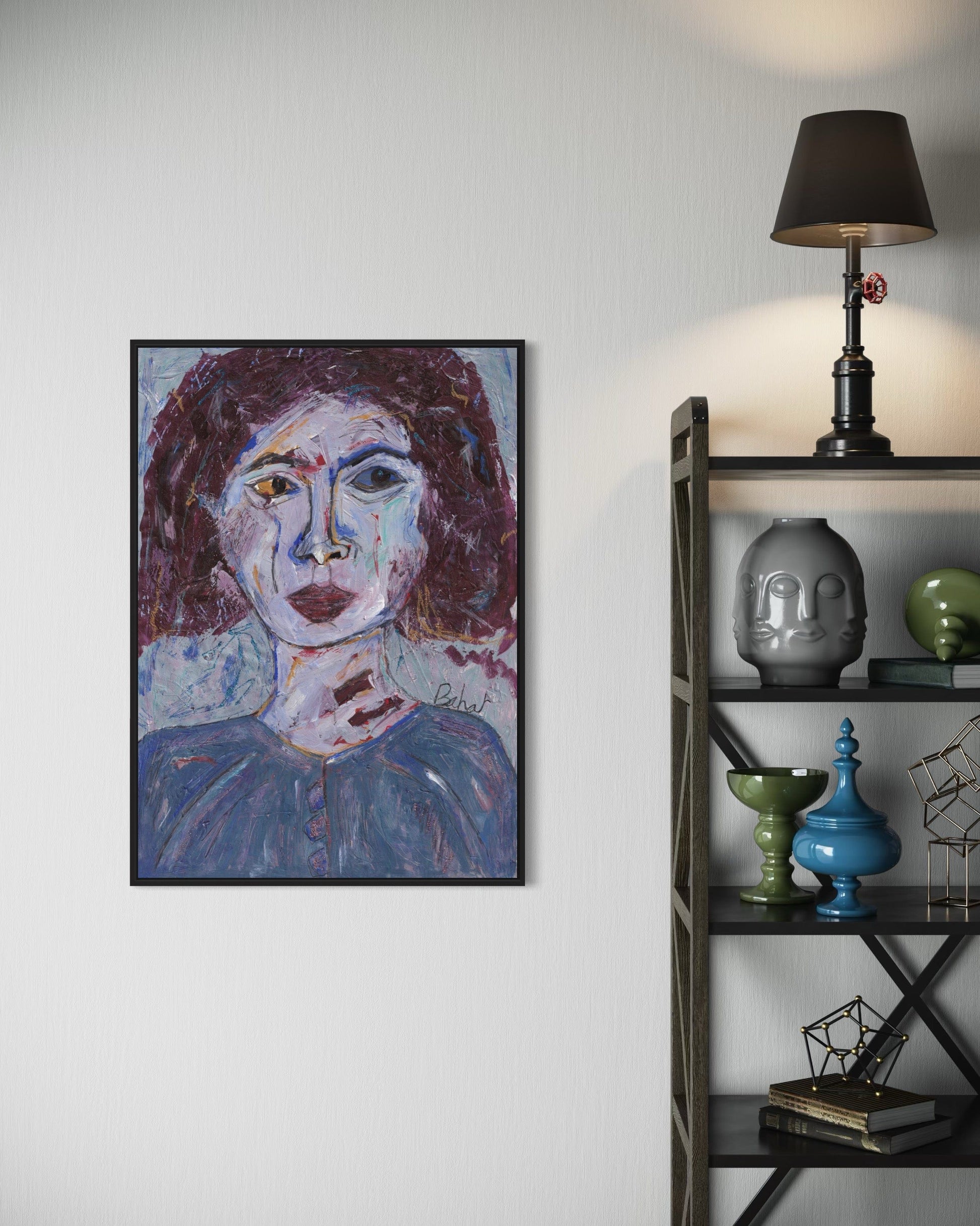 Framed portrait painting on a wall next to a shelf with decorative items