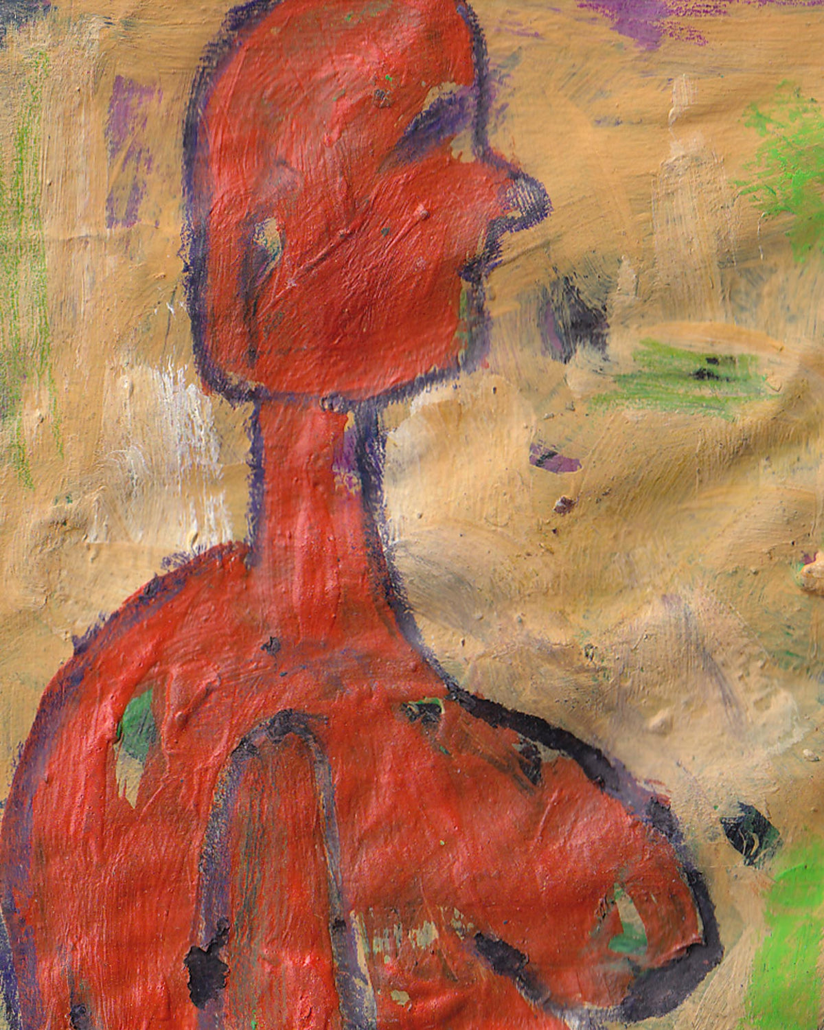 Abstract painting of a red figure on a textured beige background