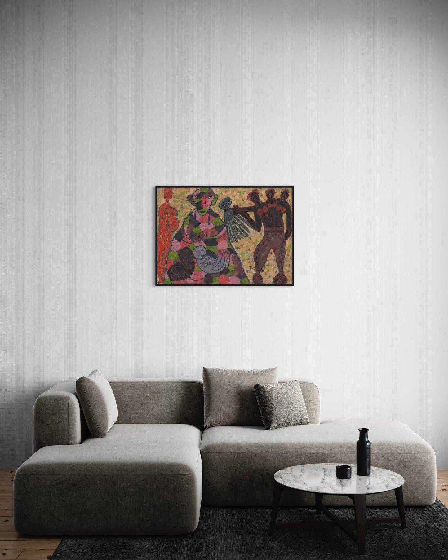 Living room with a gray sectional sofa, round coffee table, and colorful abstract painting on the wall.