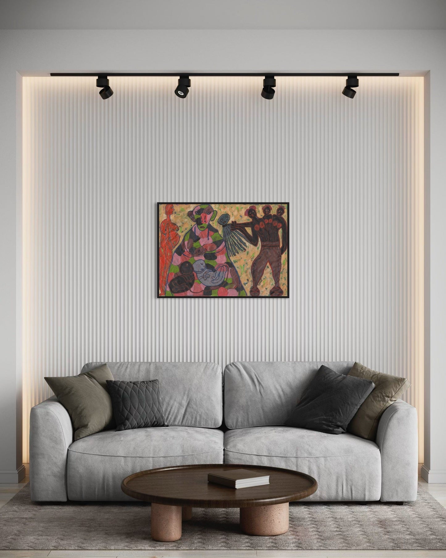 Living room with a gray sofa, wooden coffee table, and colorful abstract painting on the wall.