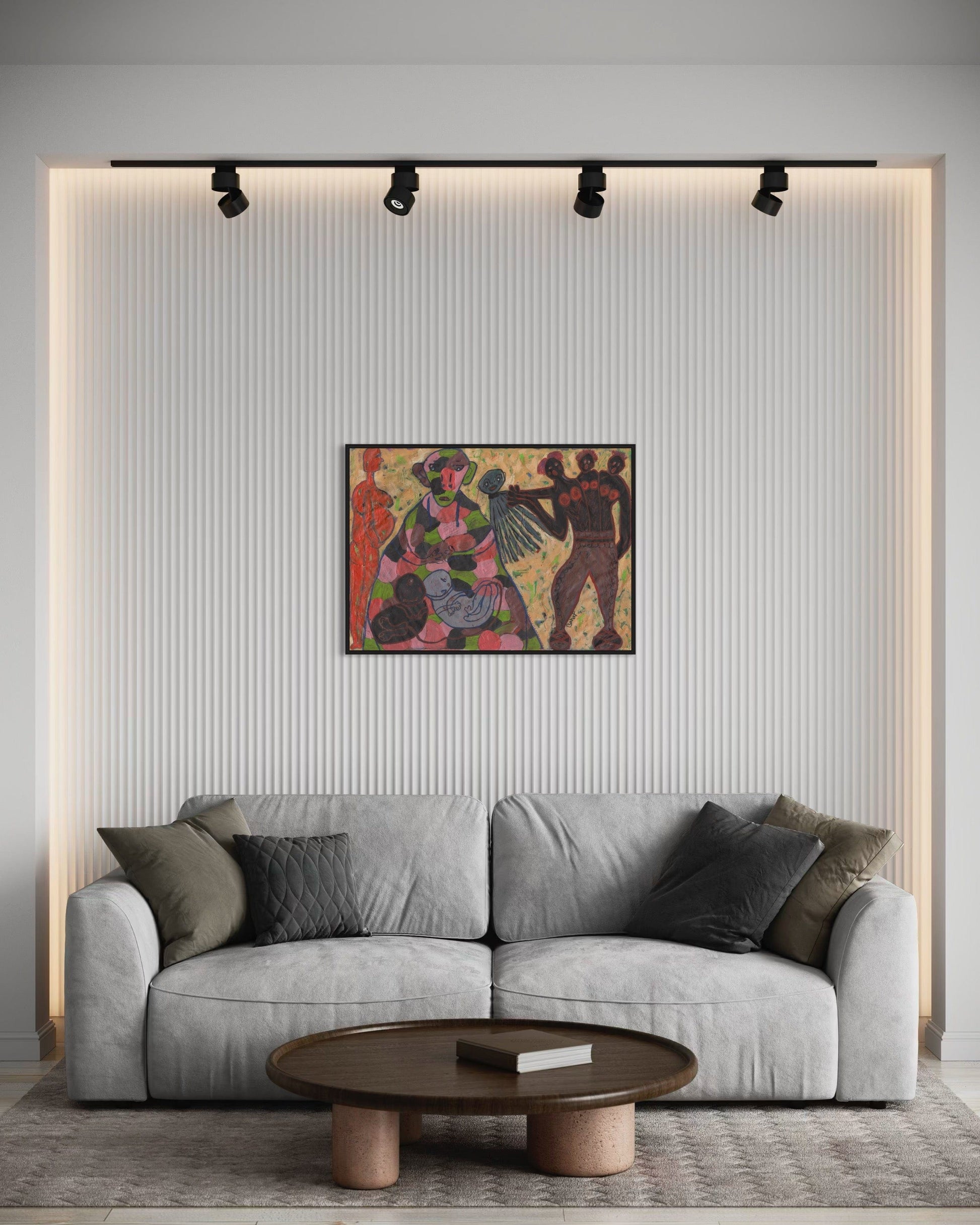 Living room with a gray sofa, wooden coffee table, and colorful abstract painting on the wall.