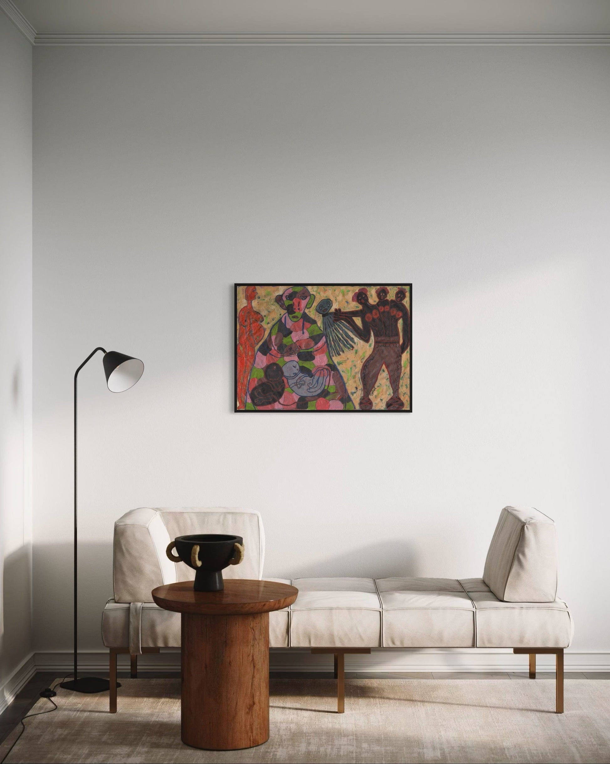 Modern living room with a sofa, table, and colorful abstract painting on the wall.
