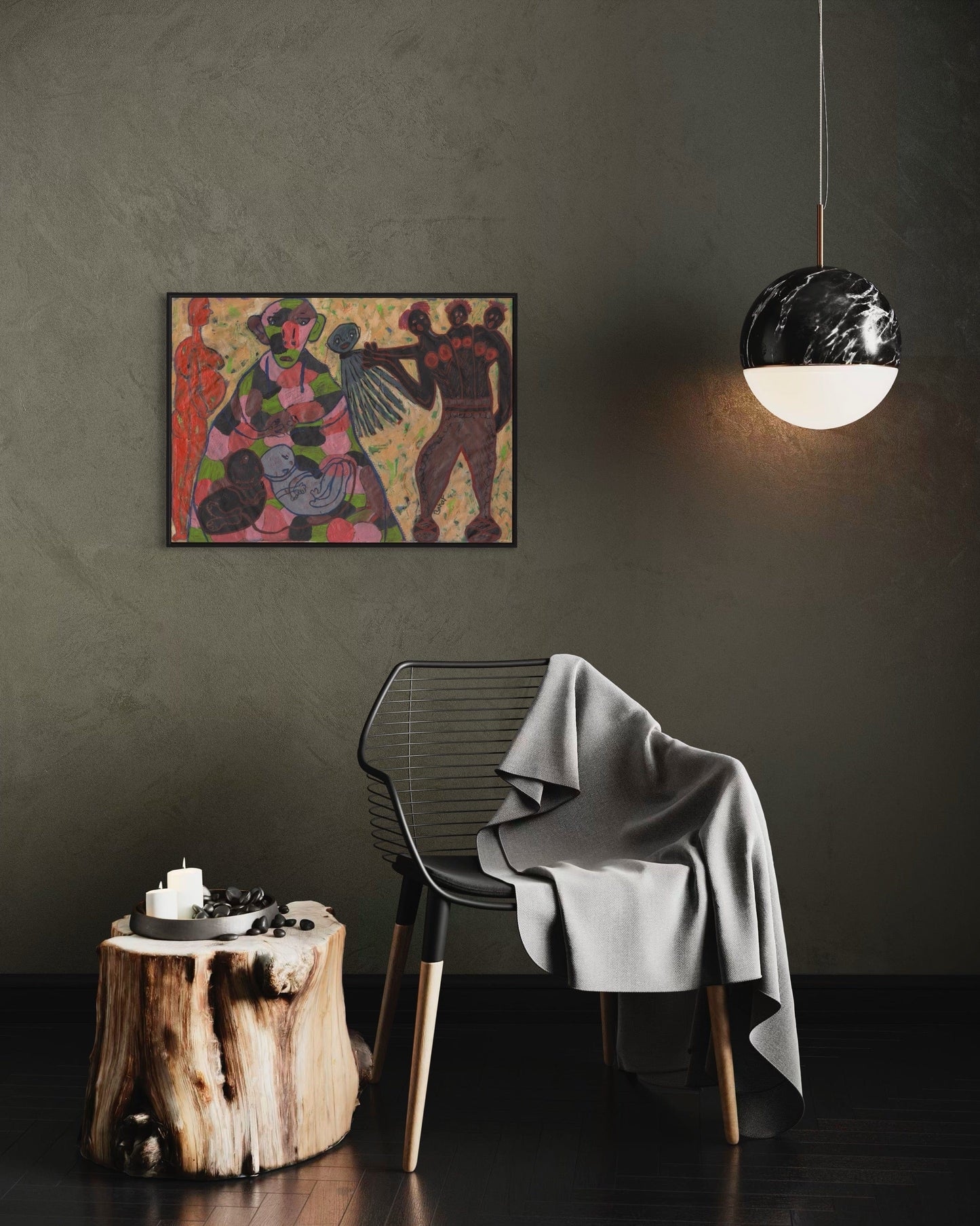 Modern interior with a chair, side table, and abstract painting on a dark wall.