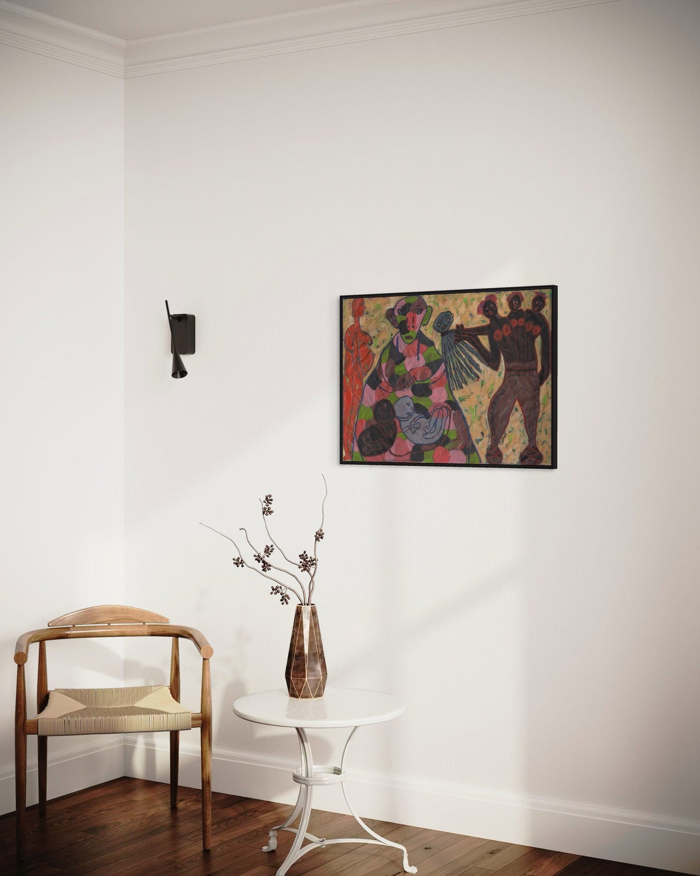 Room interior with a chair, small table, and colorful abstract painting on the wall.
