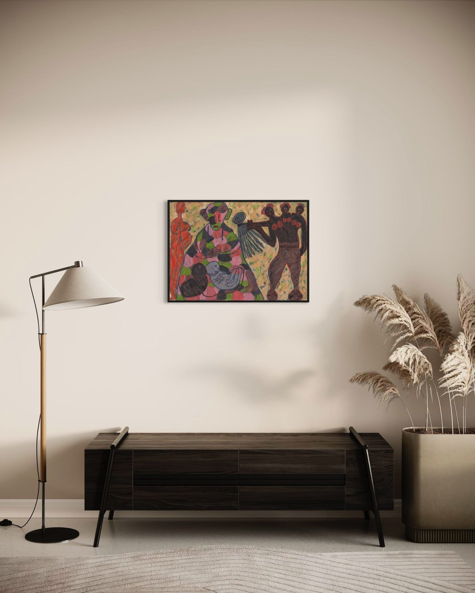 Modern living room with a colorful abstract painting on the wall, a floor lamp, and a console table.