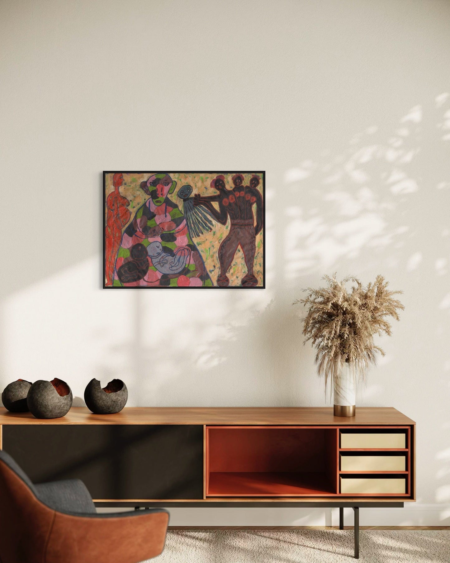 Modern living room with a wooden console table, decorative items, and a colorful abstract painting.