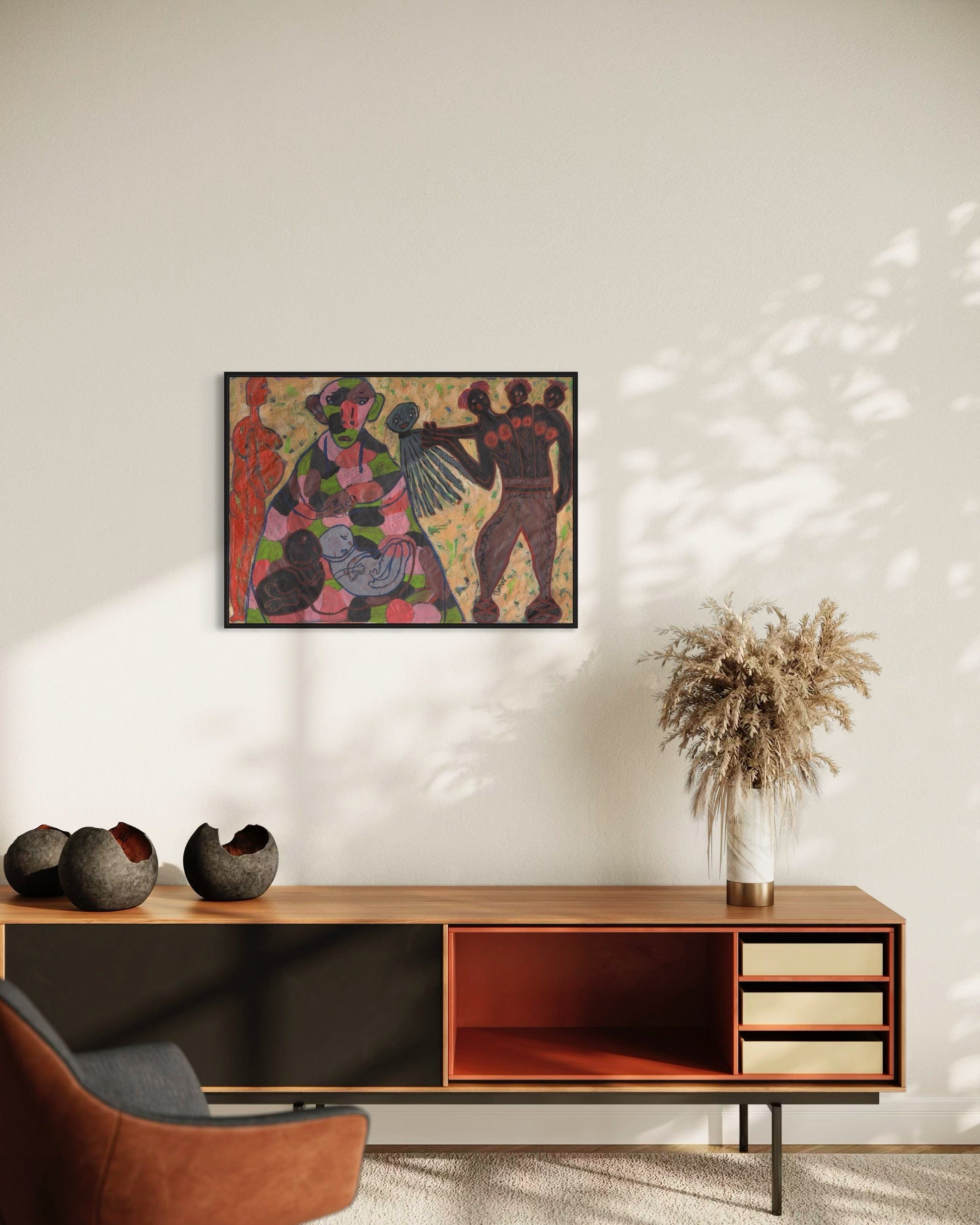 Modern living room with a wooden console table, decorative items, and a colorful abstract painting.