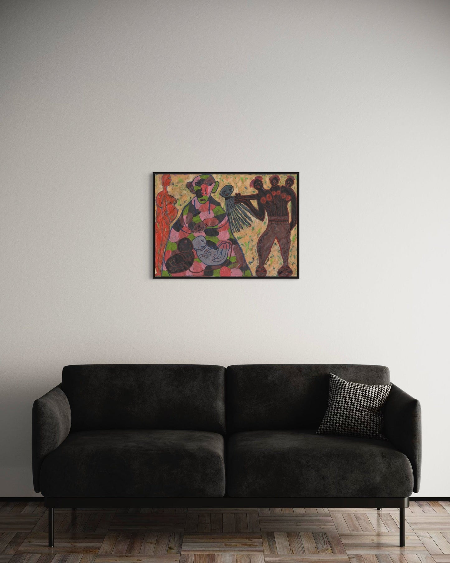 Modern living room with a dark gray sofa and a colorful abstract painting on the wall.
