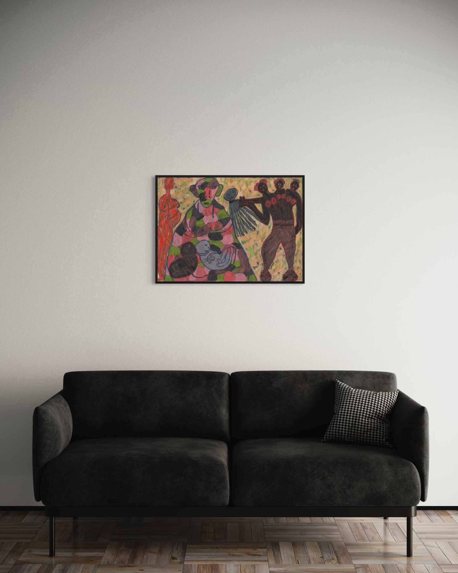 Modern living room with a dark gray sofa and a colorful abstract painting on the wall.