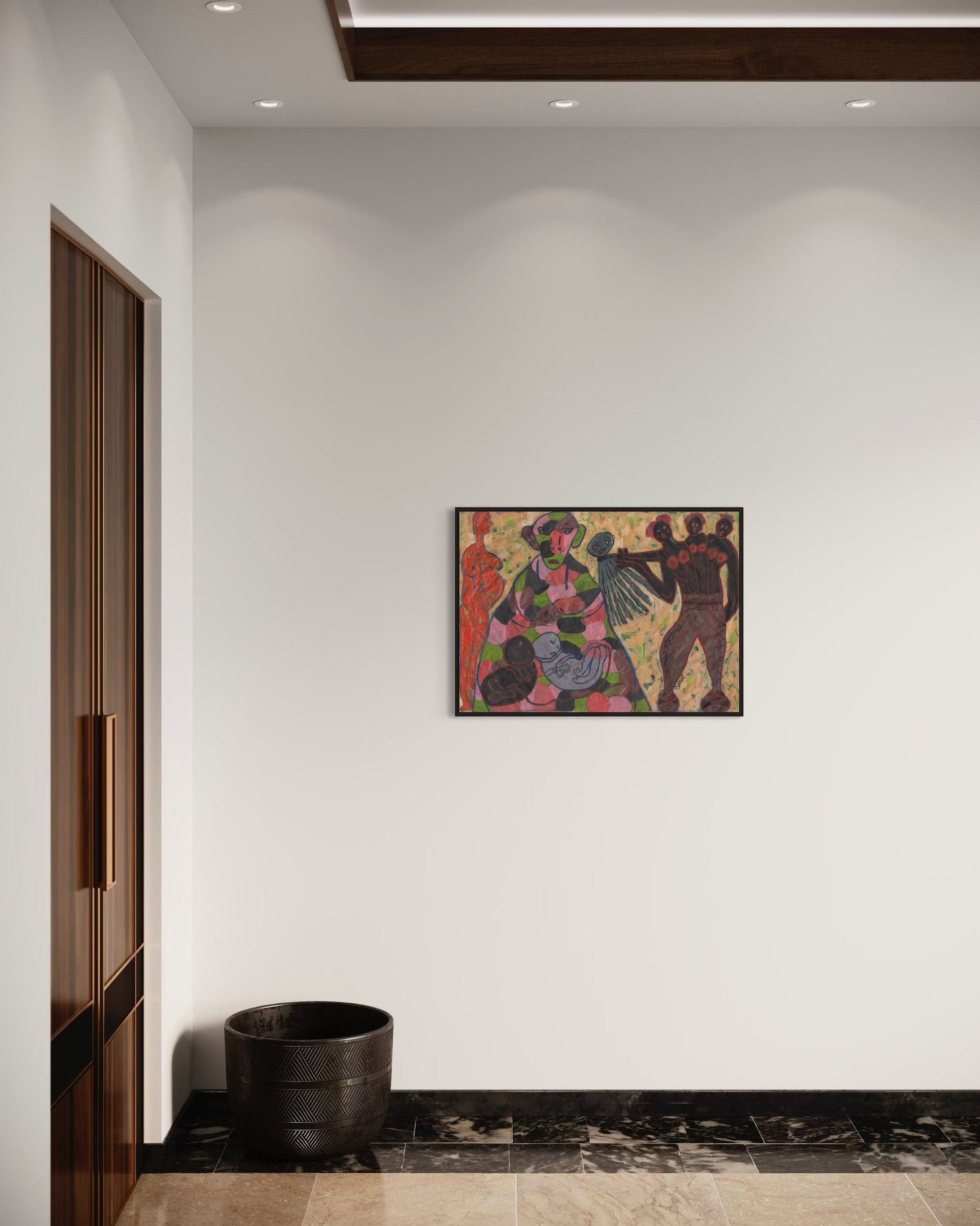 Colorful abstract painting on a white wall in a modern interior setting.