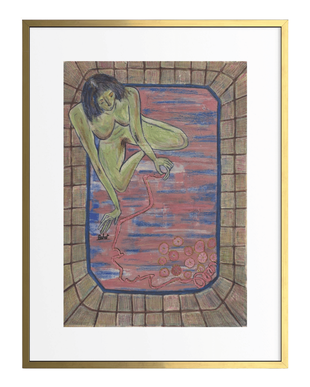 Framed artwork of a nude figure in a bath with a brick wall background