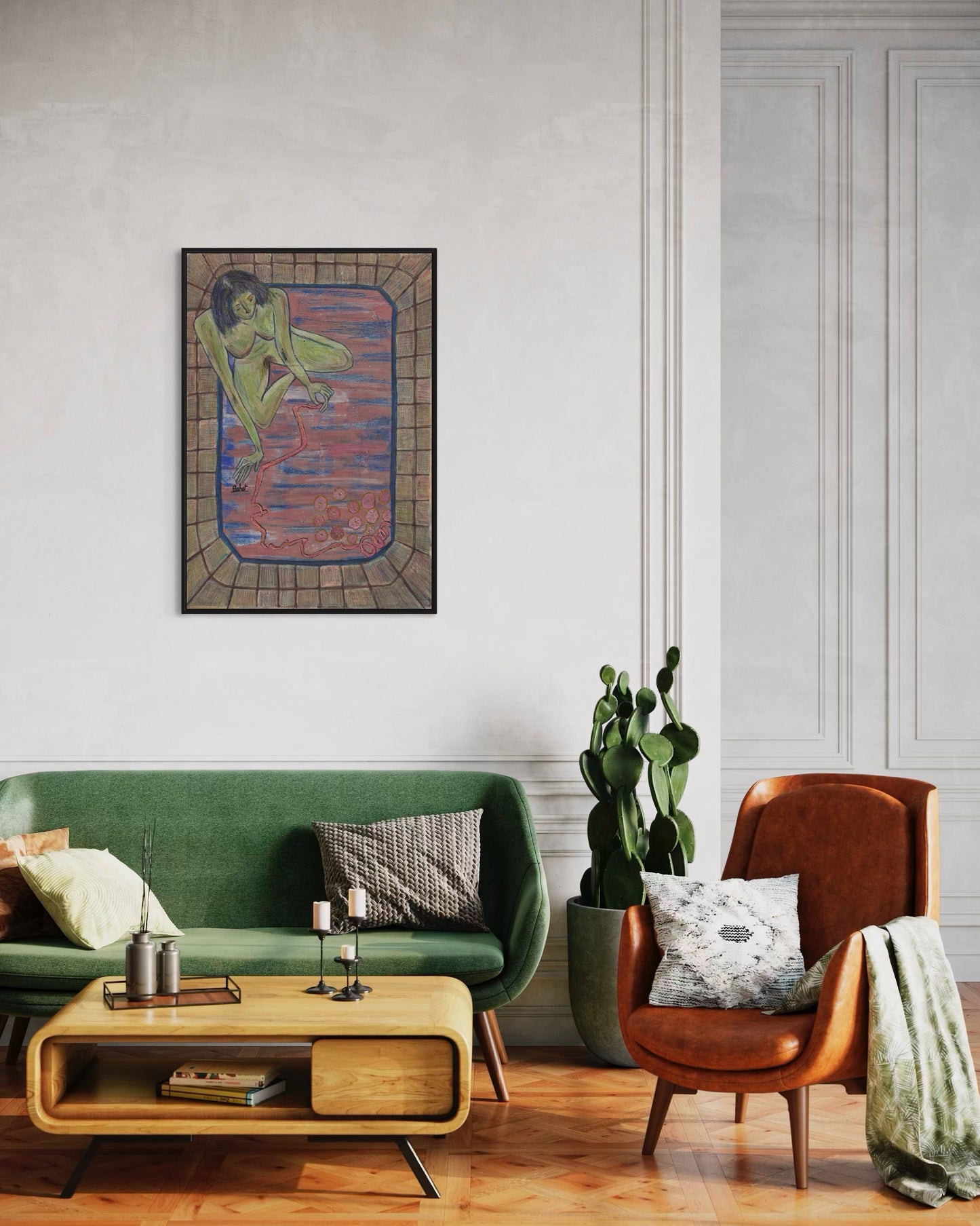 Living room with green sofa, wooden coffee table, and brown armchair.