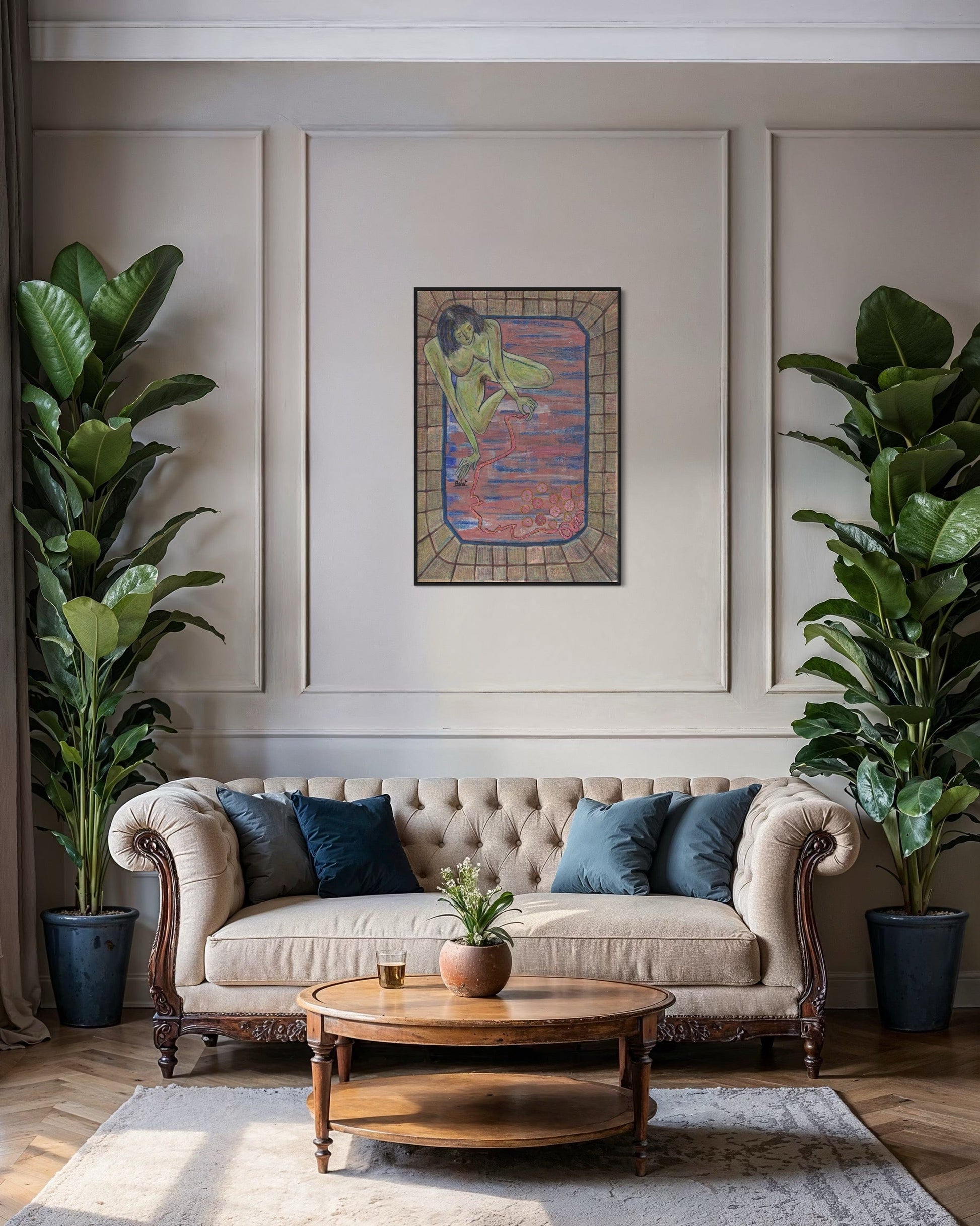 Living room with a beige sofa, wooden coffee table, and decorative plants.
