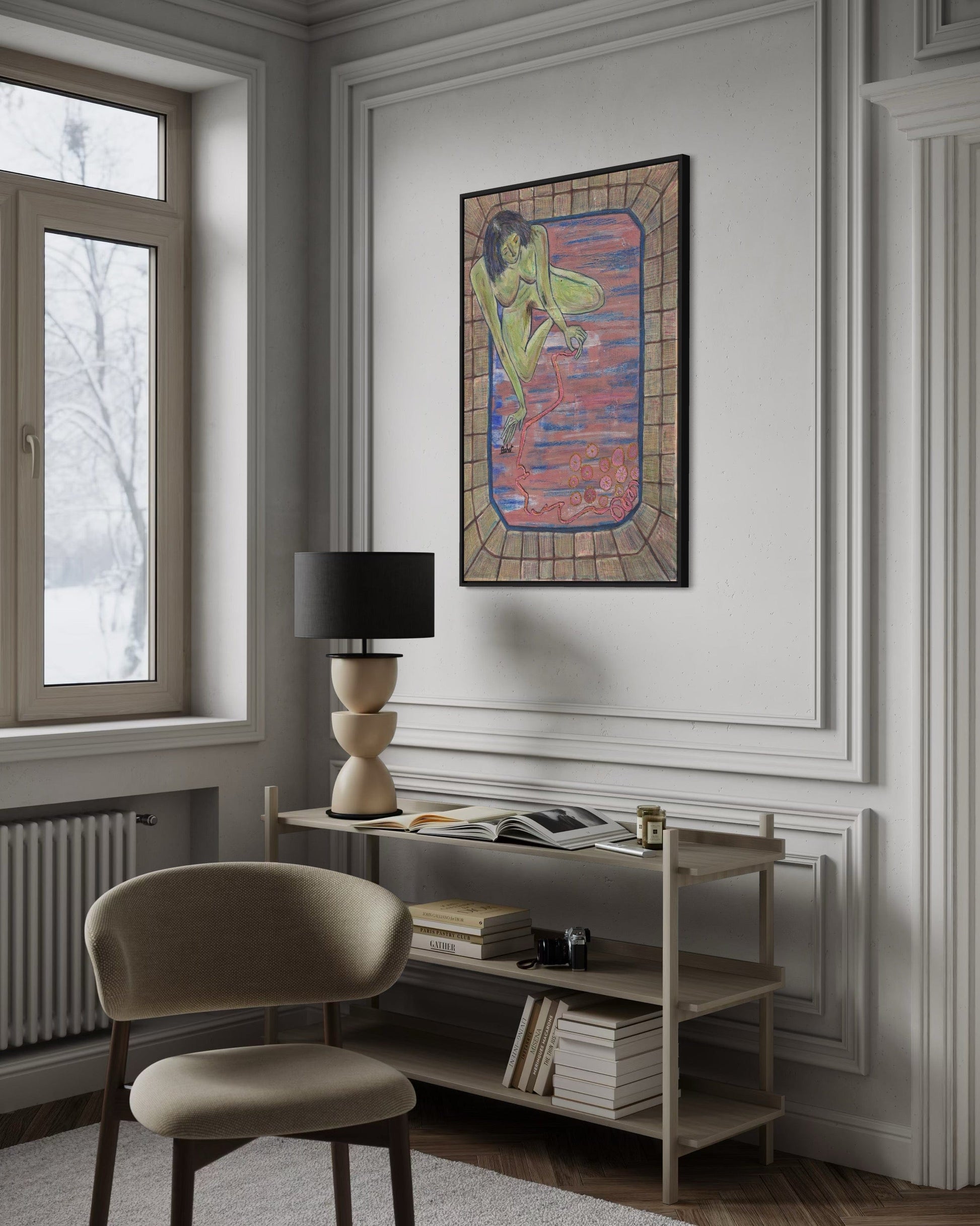 Modern interior with a chair, shelf, and colorful abstract painting on a wall.