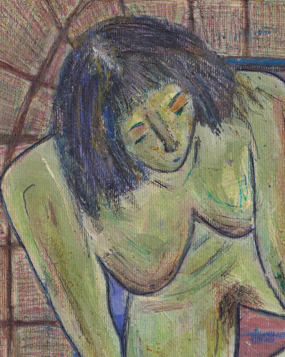 Artistic depiction of a person with short hair wearing a green shirt on a textured background
