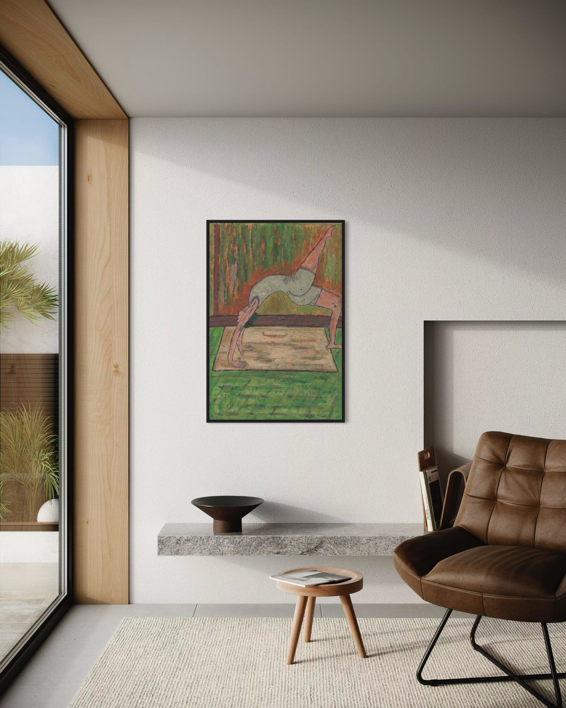Modern living room with a brown leather chair, abstract painting, and large window.