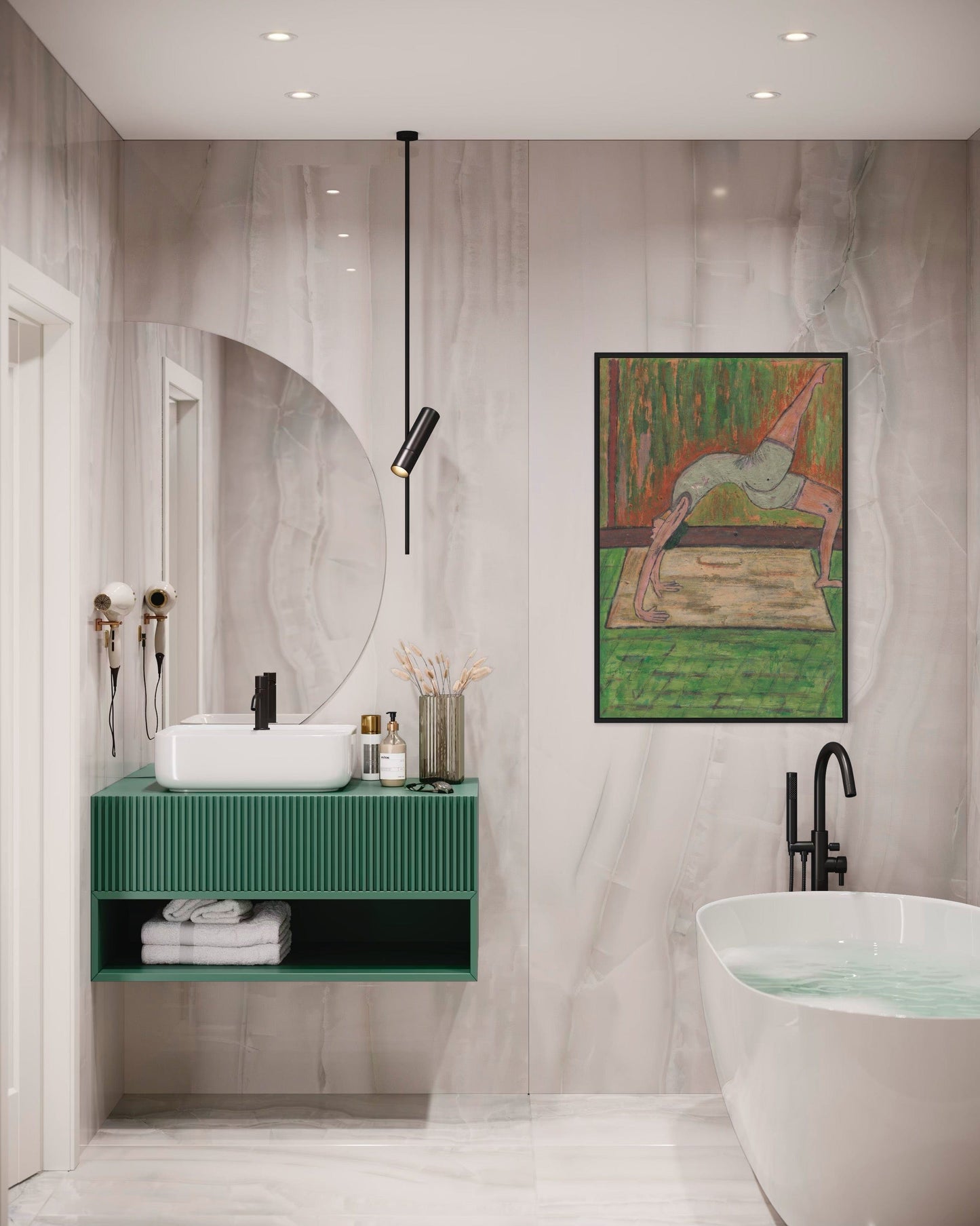 Modern bathroom with green vanity, round mirror, and abstract painting on gray wall.