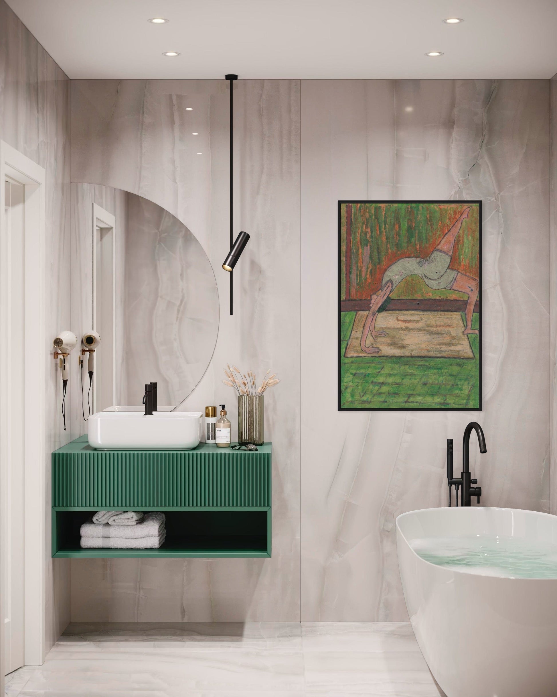 Modern bathroom with green vanity, round mirror, and abstract painting on gray wall.