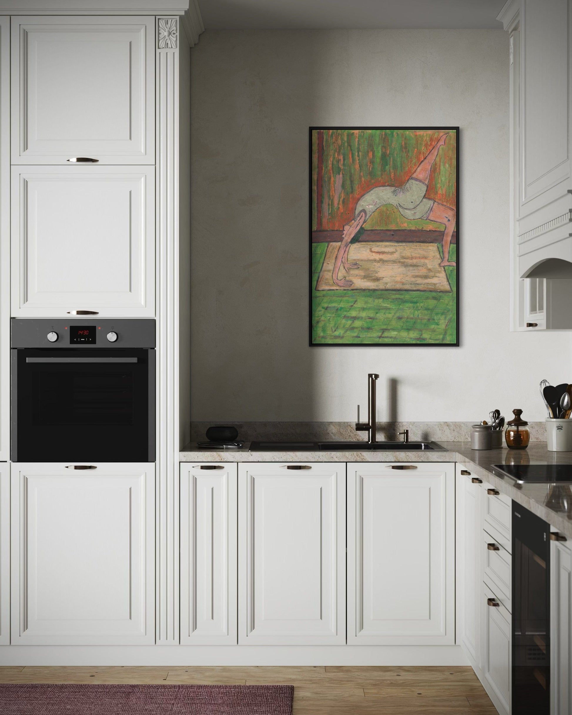 Modern kitchen with white cabinets, black appliances, and a colorful painting on the wall.