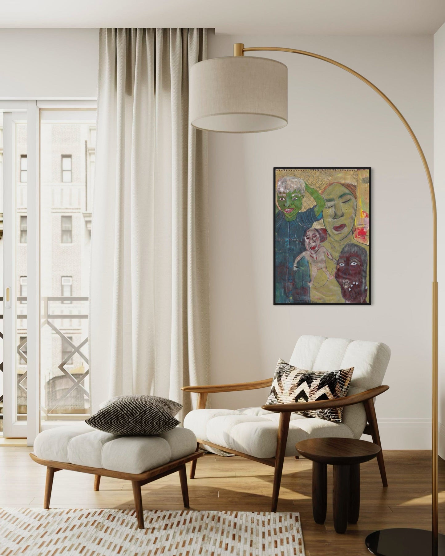 Modern living room with a white armchair, ottoman, and decorative elements.