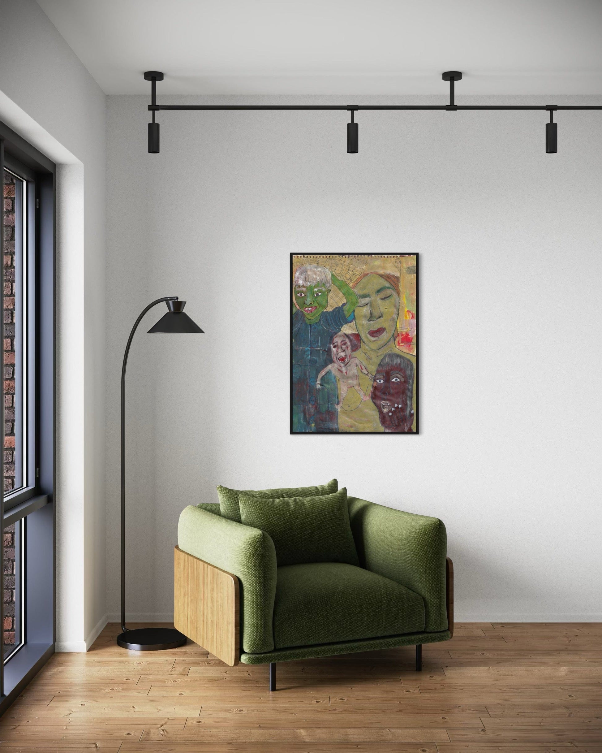 Modern living room with a green armchair, colorful abstract painting, and floor lamp.