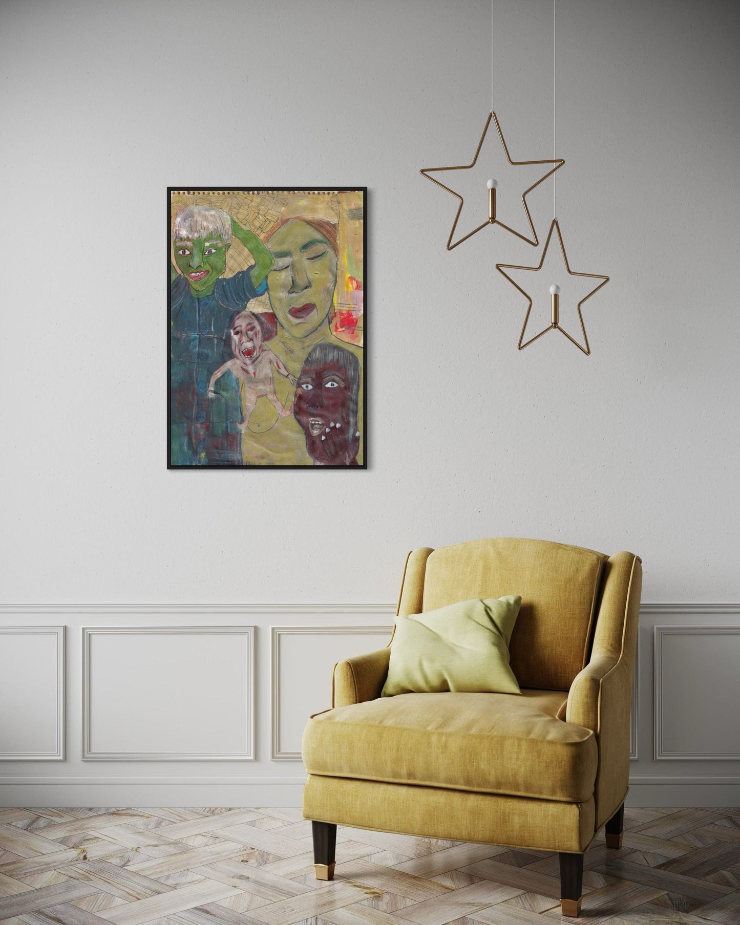 Yellow armchair in a room with a colorful painting and star-shaped light fixtures.