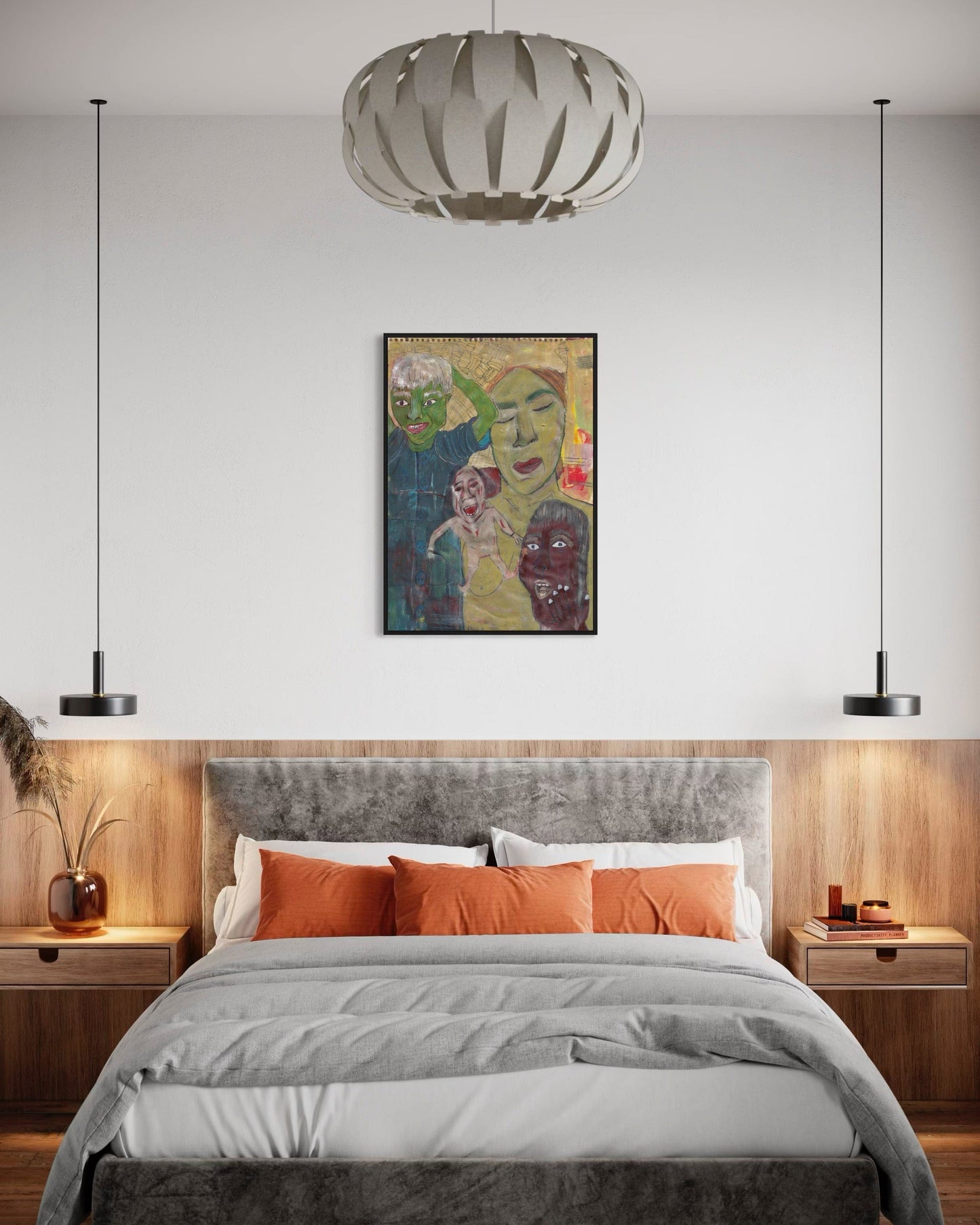 Modern bedroom with a bed, nightstands, and wall art.
