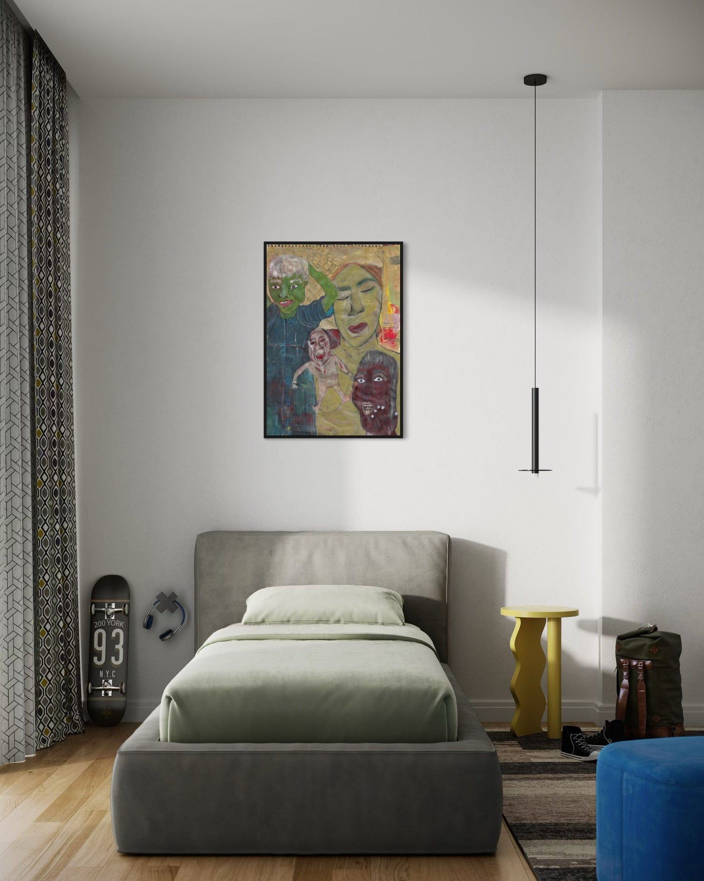 Modern bedroom with gray bed, colorful wall art, and yellow side table.