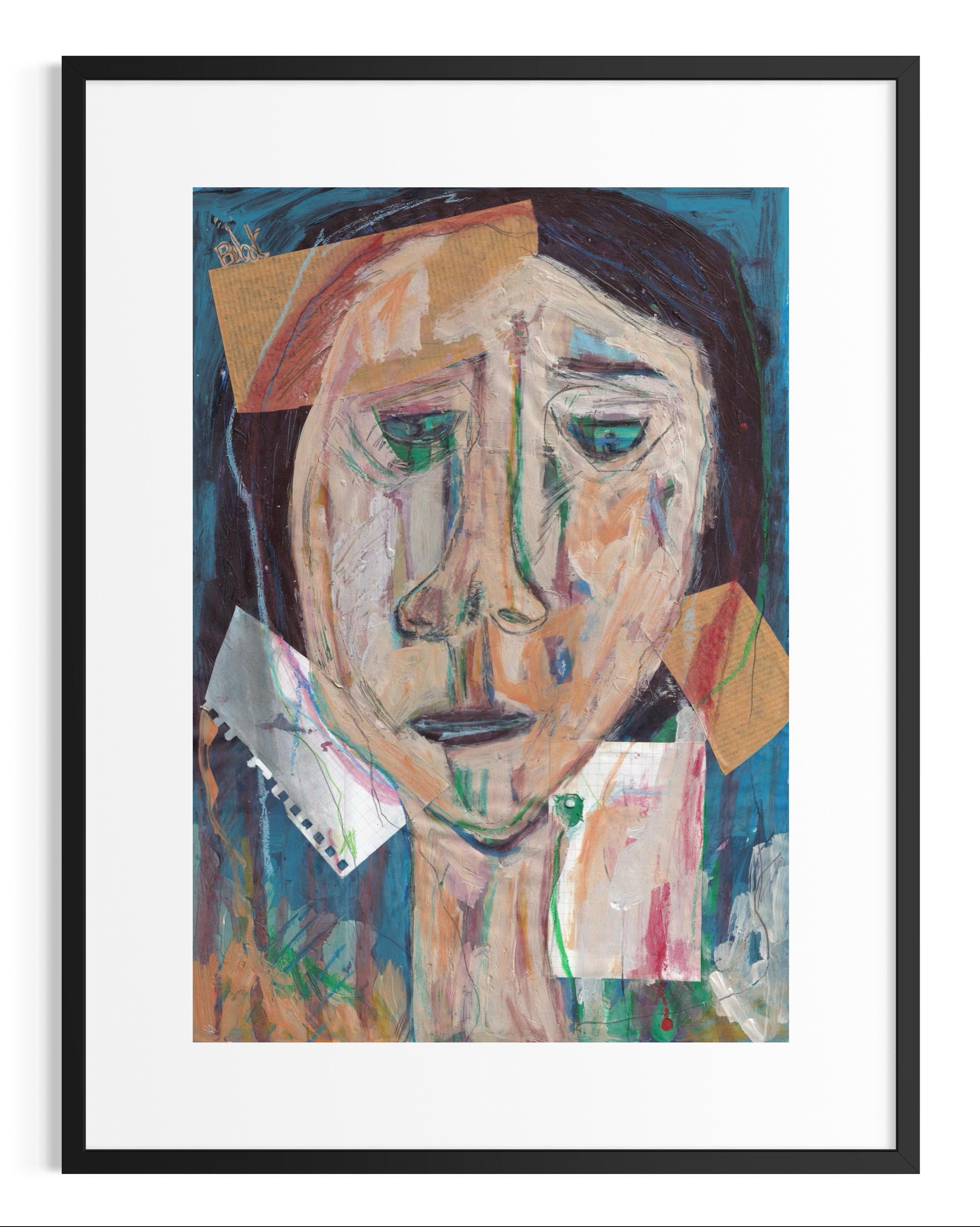 Framed abstract painting of a face with colorful strokes on a white background