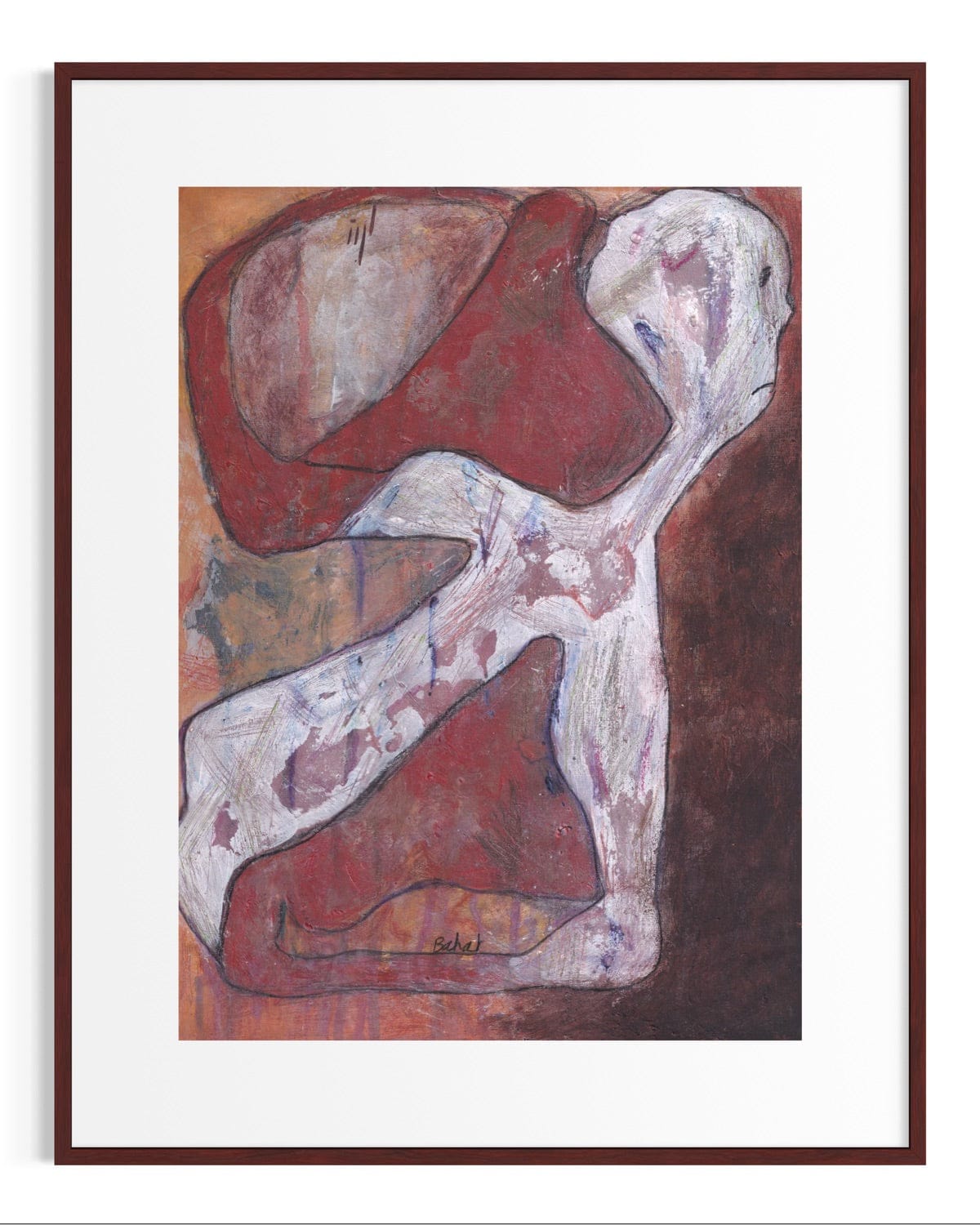 Abstract artwork with a figure in red and white on a brown background, framed in brown.