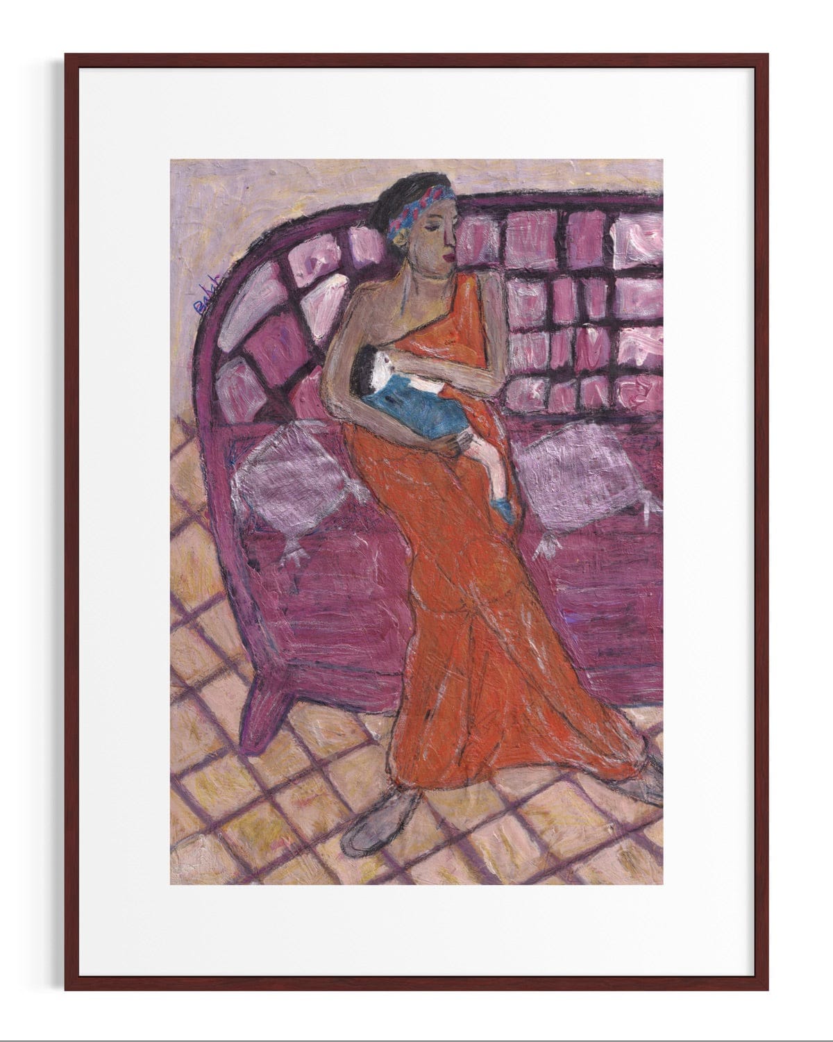 Framed artwork of a woman in an orange dress sitting on a pink chair with a colorful background.