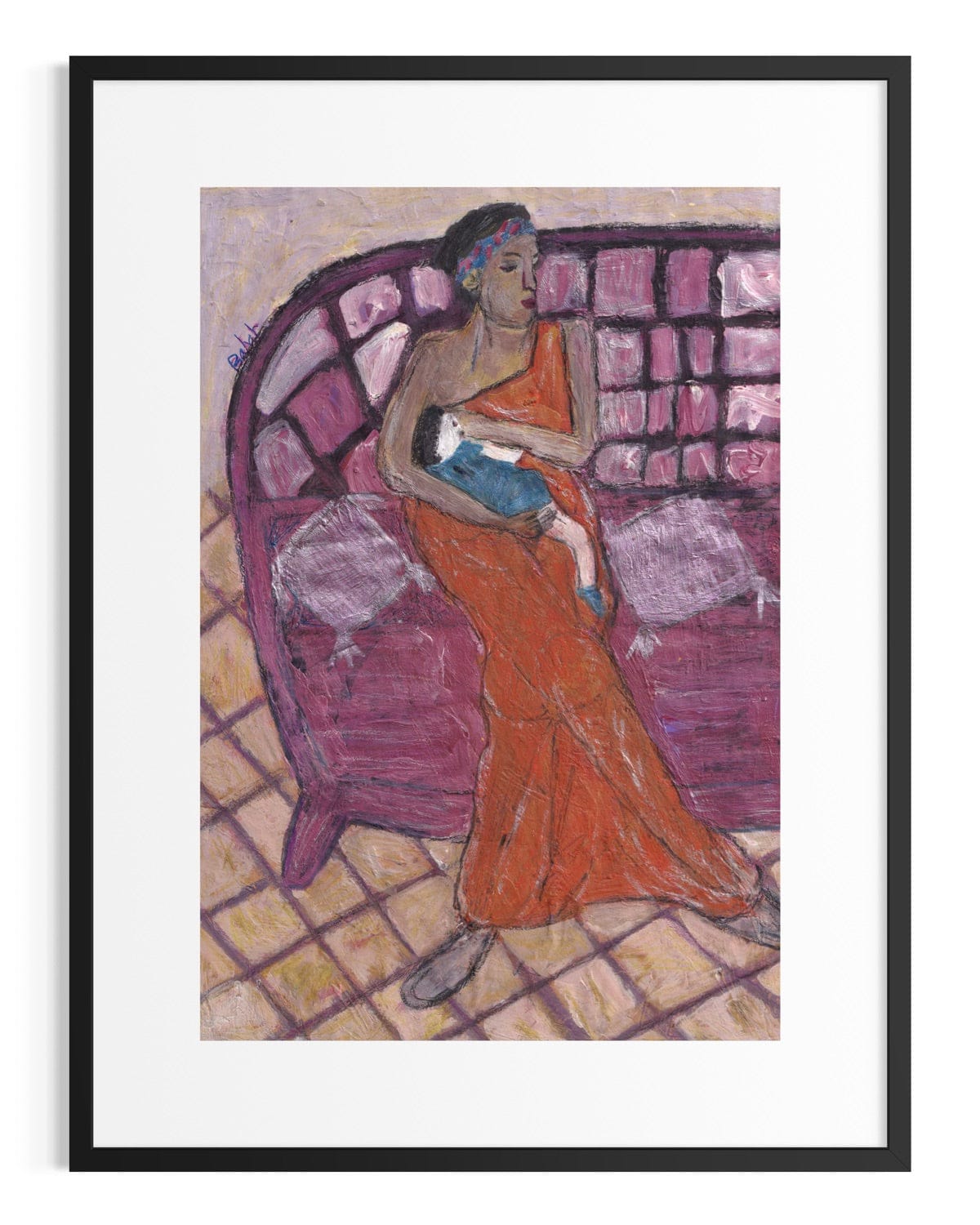 Framed artwork of a woman in an orange dress sitting on a pink chair with a child.