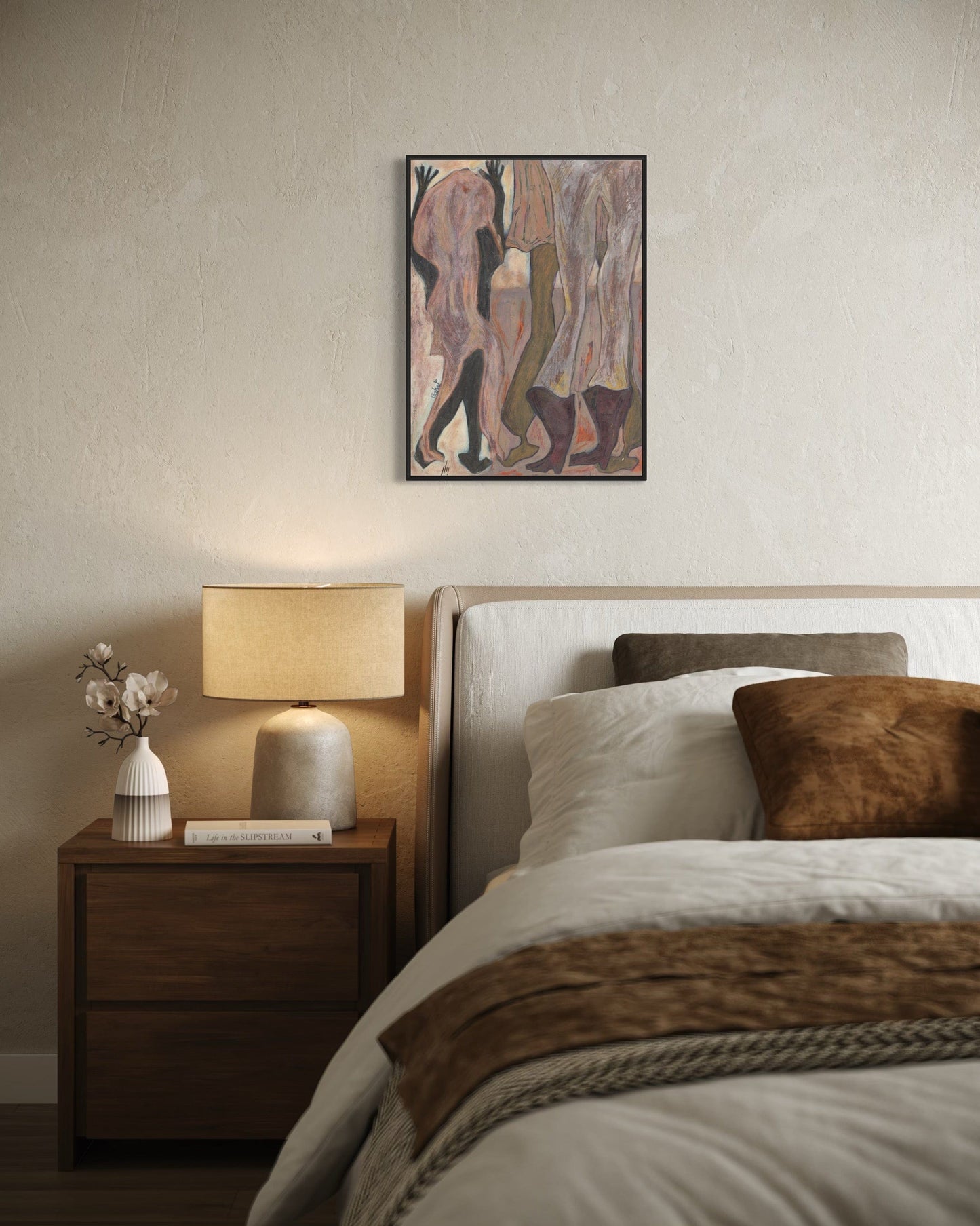 Bedroom with wooden nightstand, lamp, and abstract painting on wall